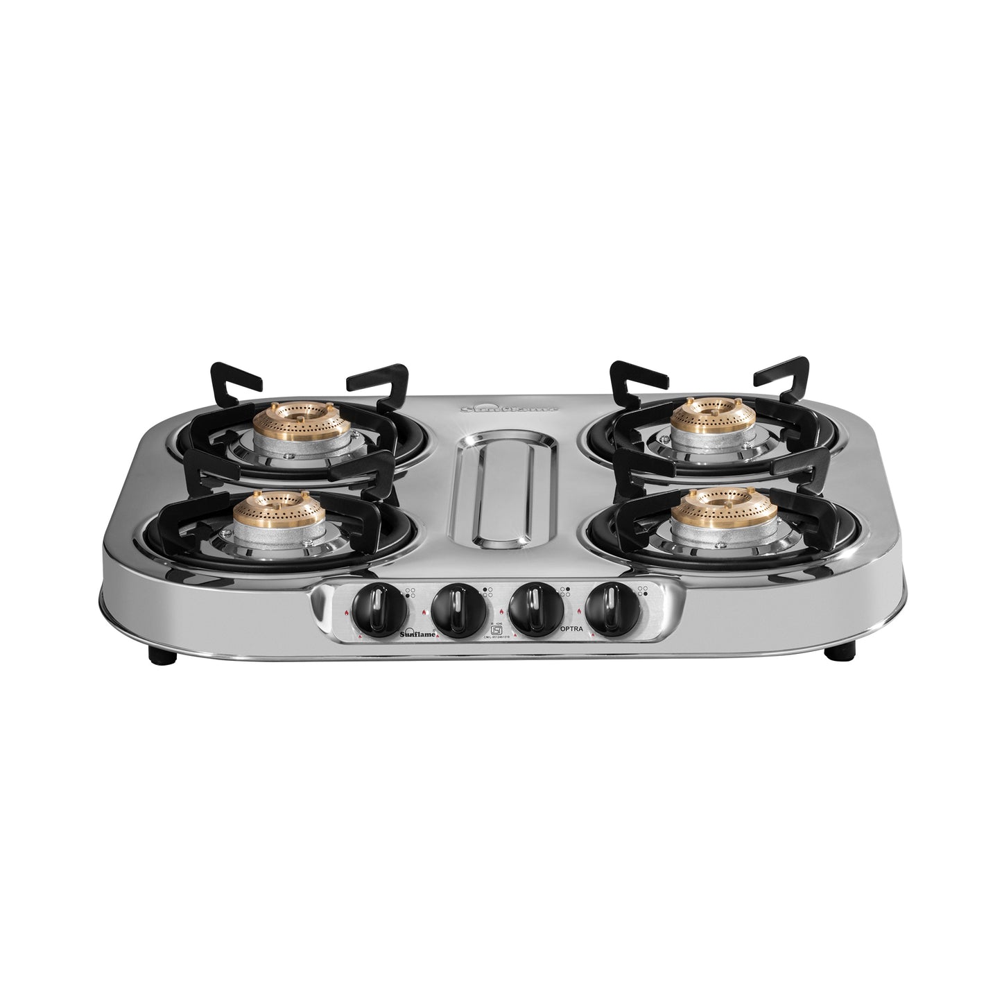 Optra 4 Burner Gas Stove | 2 Medium and 2 Small Brass Burners | Stainless Steel