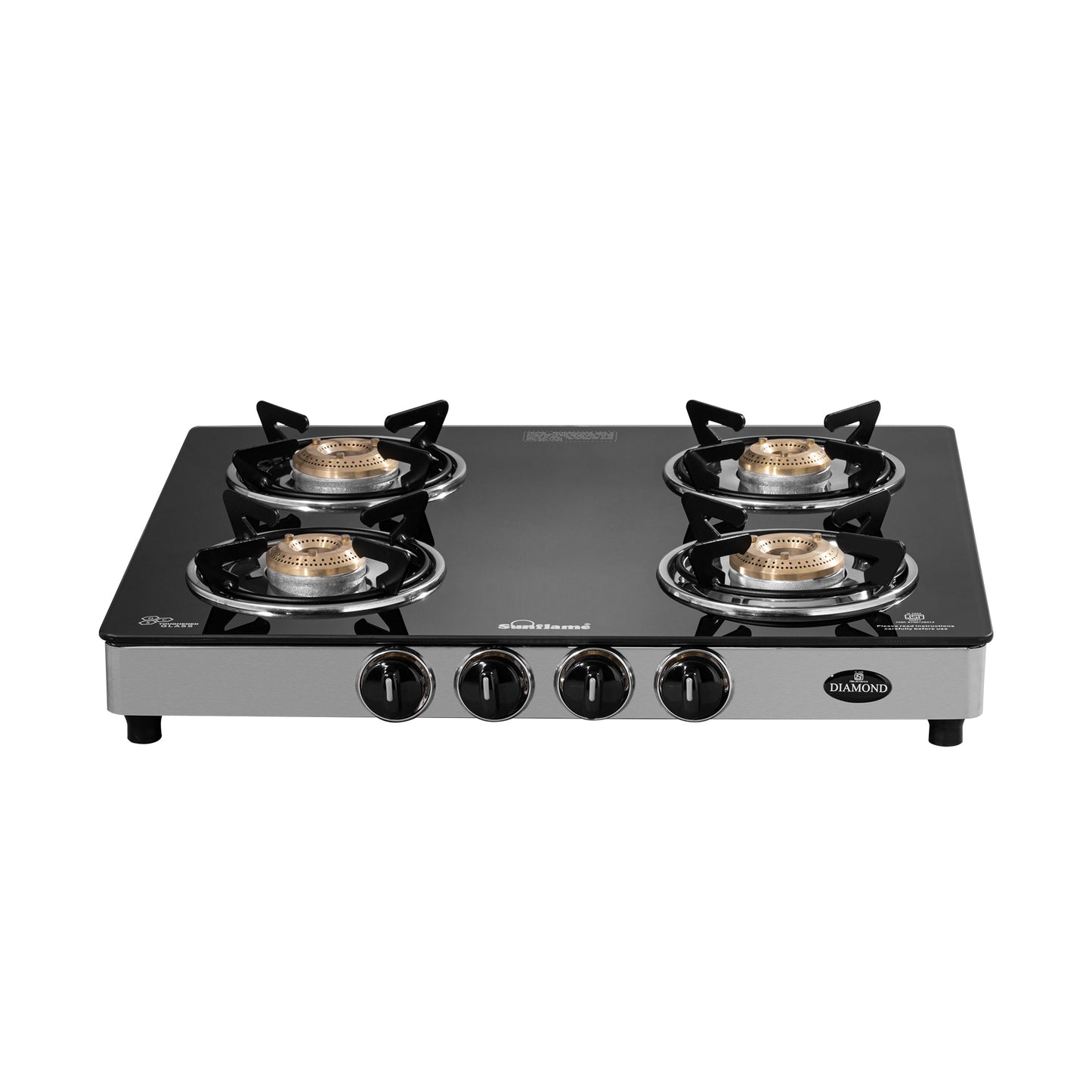 Diamond 4 Burner Gas Stove | 2 Medium and 2 Small Brass Burners |Toughened Glass Top | Steel