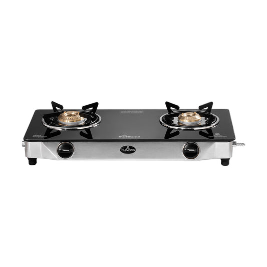Diamond 2 Burner Gas Stove | 1 Medium and 1 Small Brass Burners |Toughened Glass Top | Steel