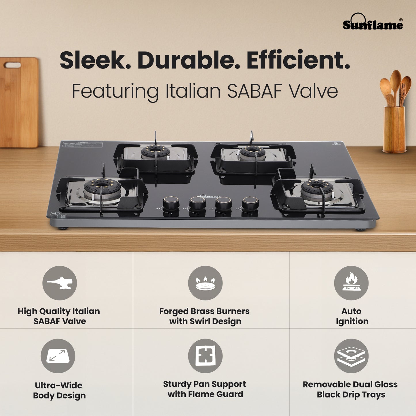 Ultra-Slim Black 4 Burner Countertop Hob 80 cm Wide | Italian SABAF Valve