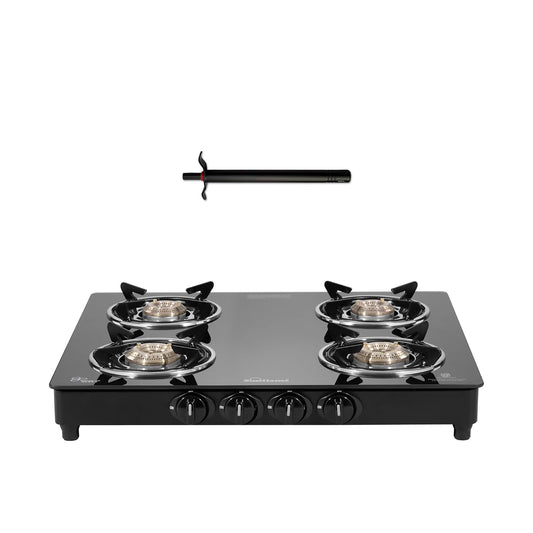 Sunflame Maleo 4 Burner Gas Stove | 2 Medium & 2 Small Brass Burners | 2 Year Product Coverage