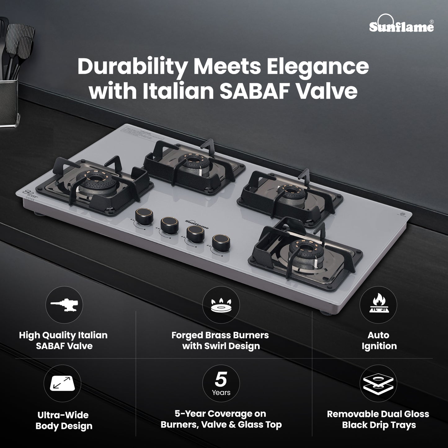Ultra-Slim Grey 4 Burner Countertop Hob 80 cm Wide | Italian SABAF Valve