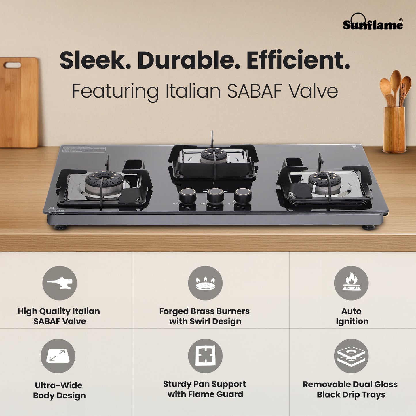 Ultra-Slim Black 3 Burner Countertop Hob 80 cm Wide | Italian SABAF Valve