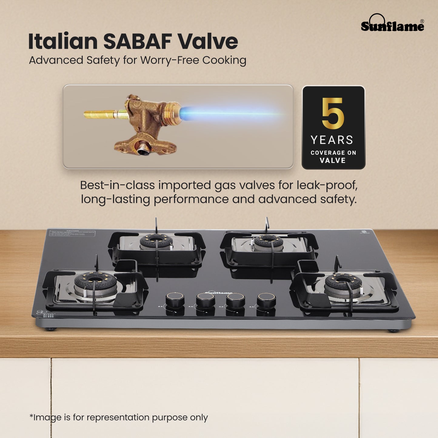 Ultra-Slim Black 4 Burner Countertop Hob 80 cm Wide | Italian SABAF Valve