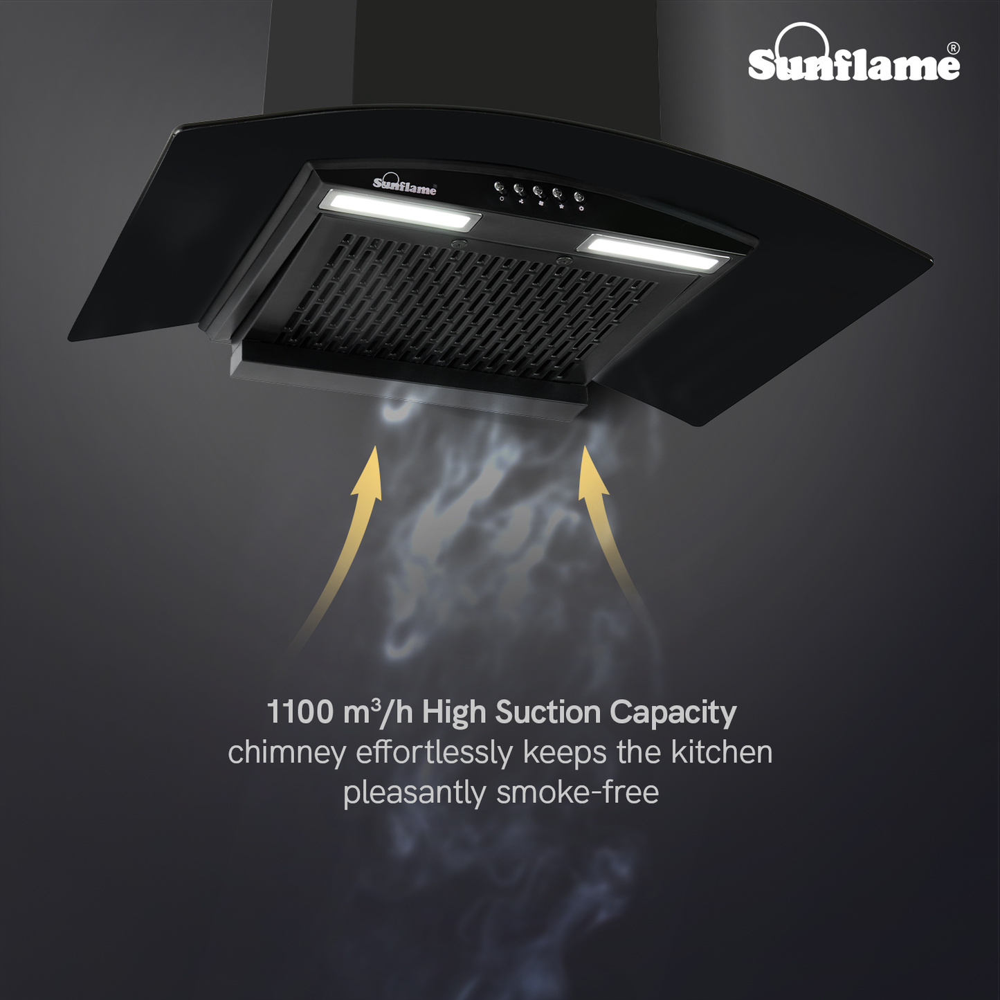 Sunflame Naples 60 cm Filterless Chimney | 1100 m³/h High Suction Capacity | 2-Year Product and 8-Year Motor Coverage by Sunflame | Push Button Control | 3-Speed Exhaust Fan | Dual LED Lights