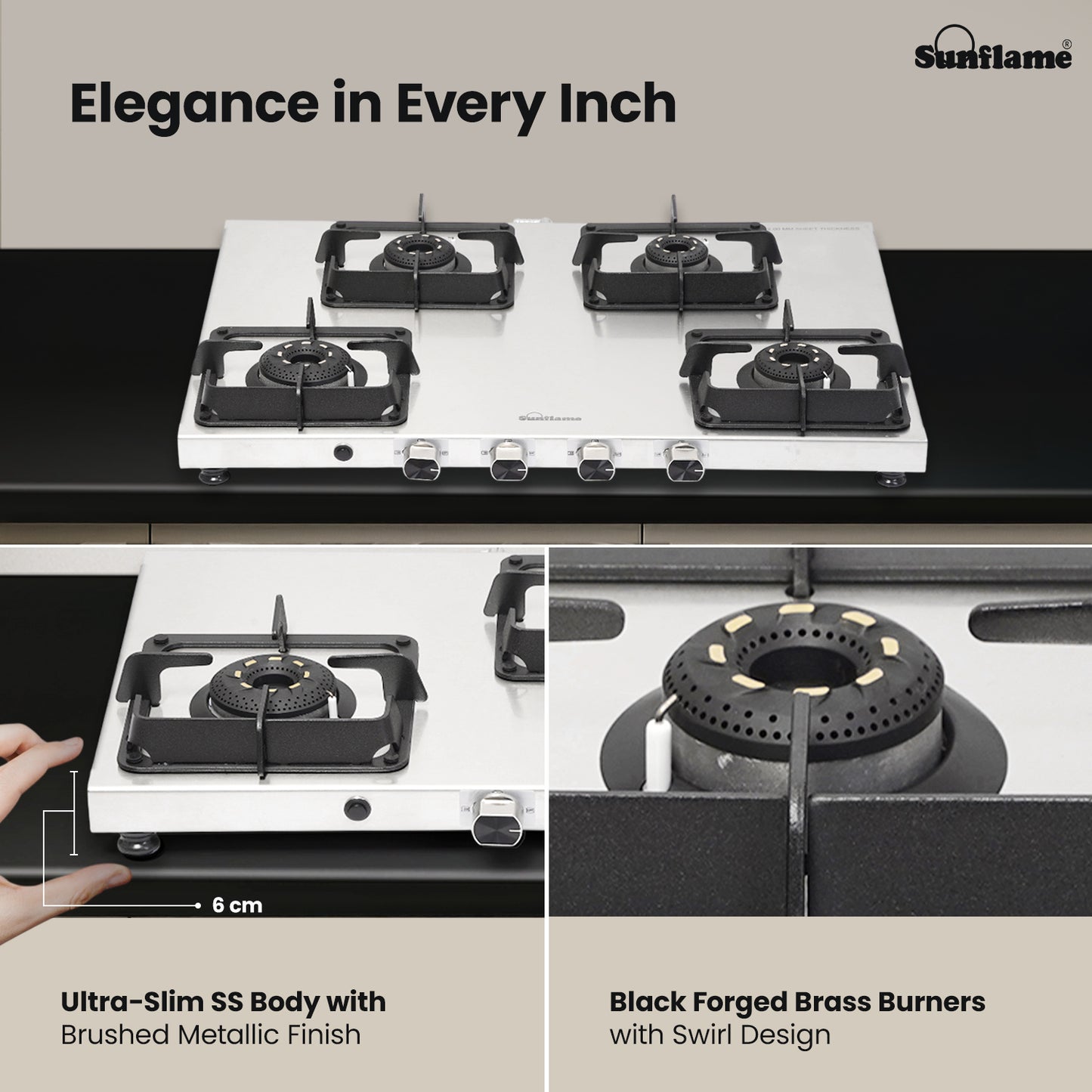 Sunflame 4 Burner Ultra-slim Stainless Steel Gas Stove 72 cm | Forged Brass Burners | 5-Year Warranty on Burners, SS Body & Valve by Sunflame | Auto Ignition | Pan Support with Flame Guard