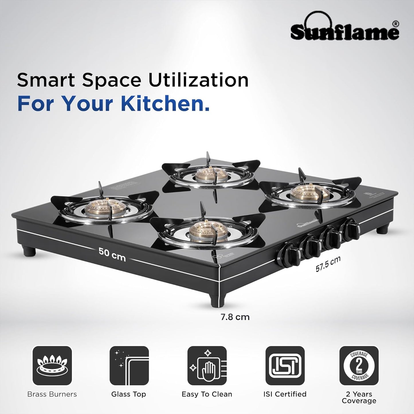 Sunflame Maleo 4 Burner Gas Stove | 2 Medium & 2 Small Brass Burners | 2 Year Product Coverage