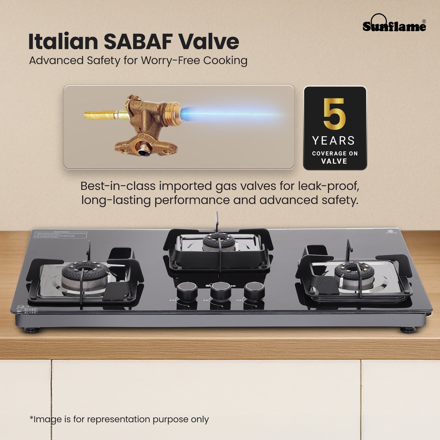 Ultra-Slim Black 3 Burner Countertop Hob 80 cm Wide | Italian SABAF Valve
