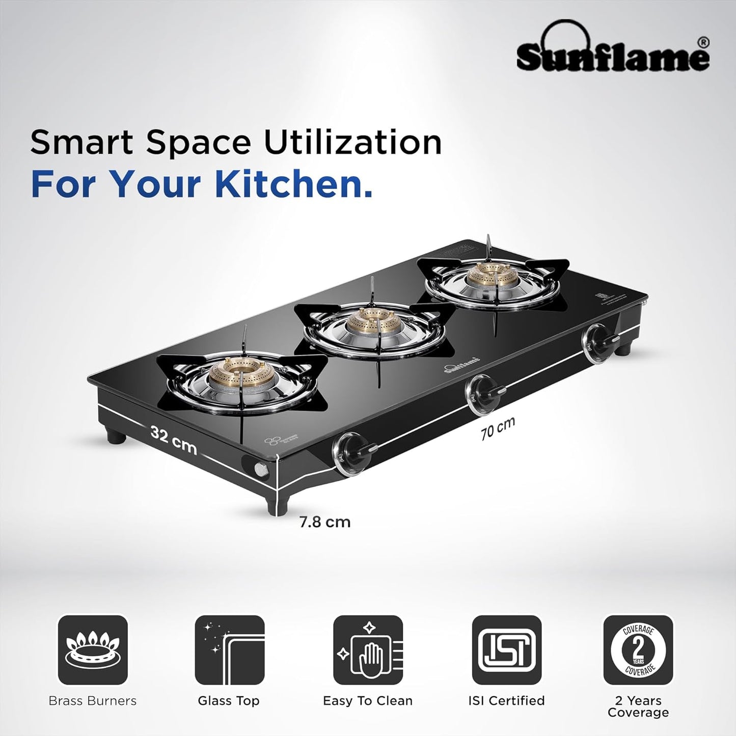 Sunflame Maleo 3 Burner Gas Stove | 1 Medium & 2 Small Brass Burners | 2 Year Product Coverage