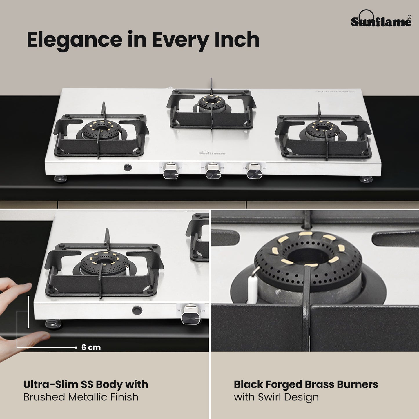 Sunflame 3 Burner Ultra-slim Stainless Steel Gas Stove 77 cm | Forged Brass Burners | 5-Year Warranty on Burners, SS Body & Valve by Sunflame | Auto Ignition | Pan Support with Flame Guard