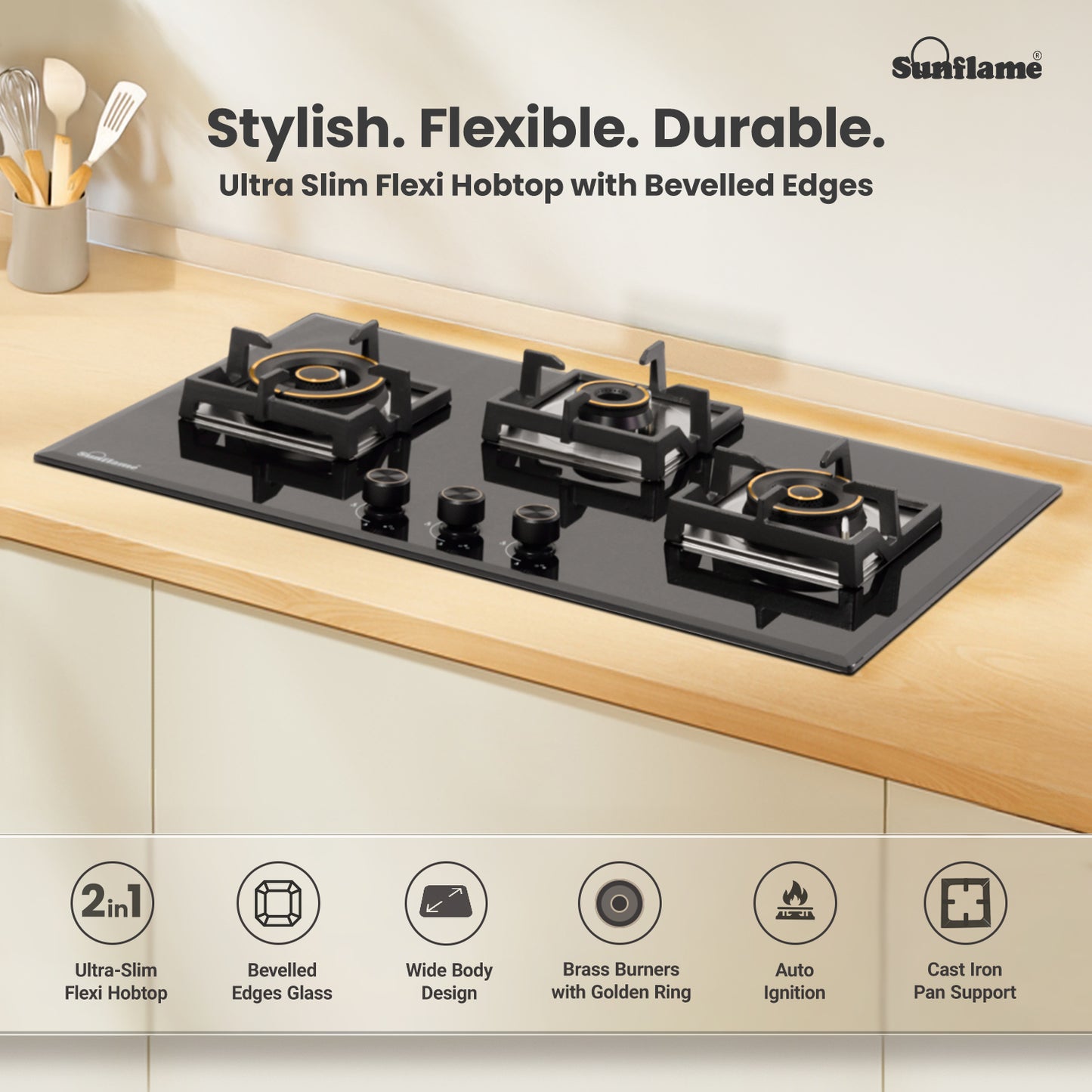 3 Burner Built-In & Countertop Flexi Hob 78 cm Wide | Bevelled Edges