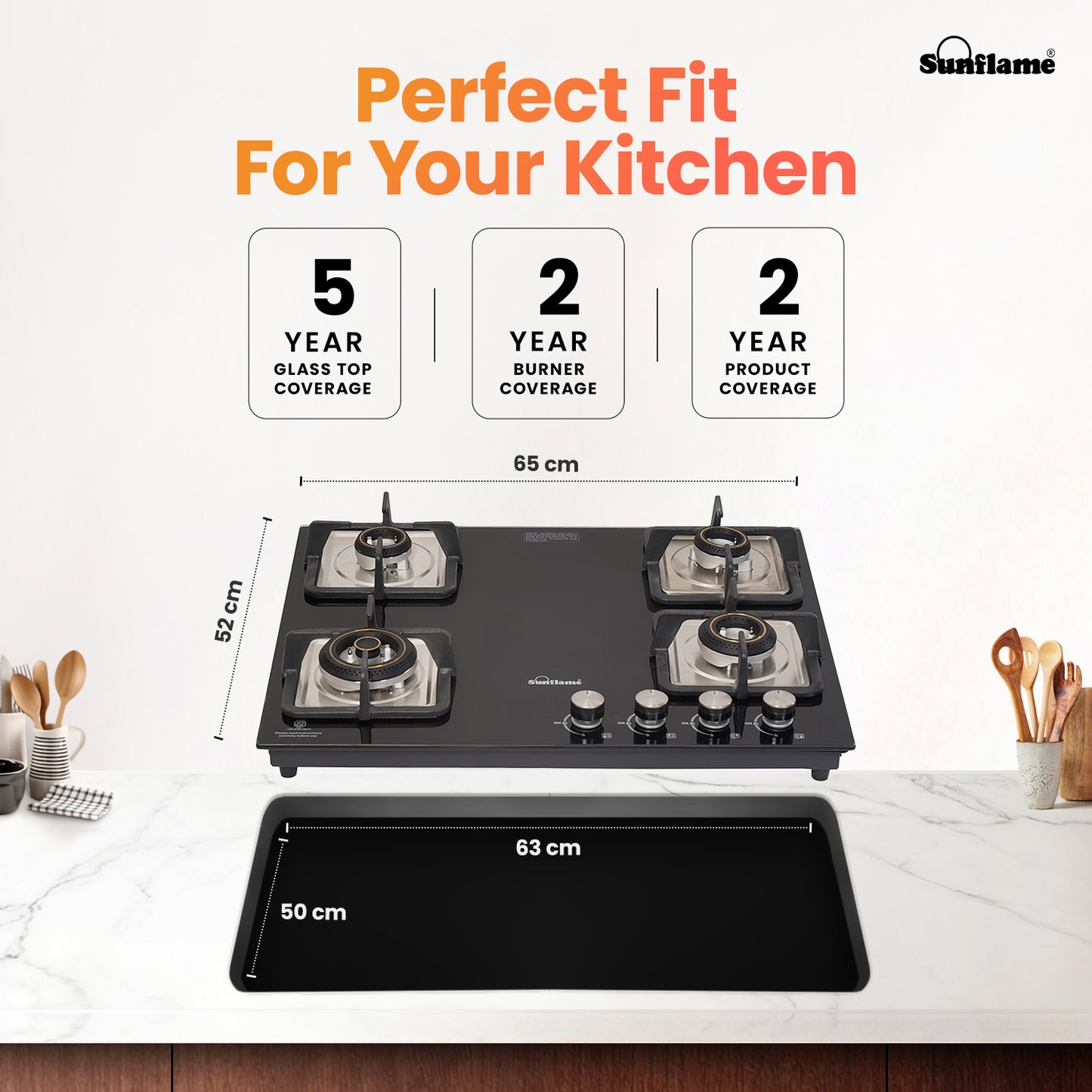 SFD 465 BCS 4 Burner Built-In & Countertop Flexi Hob 65 cm Wide | Ultra-Slim Body | 5 Year Glasstop Warranty