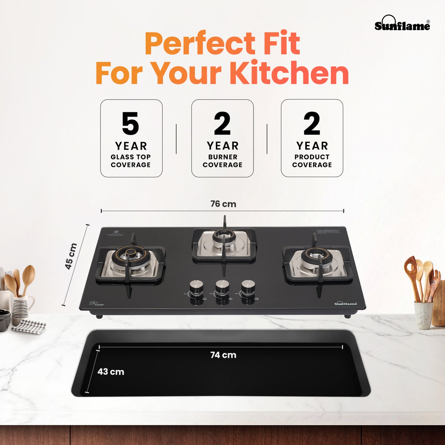 SFD 376 BCS 3 Burner Built-In & Countertop Flexi Hob 76 cm Wide | Ultra-Slim Body | 5 Year Glasstop Warranty