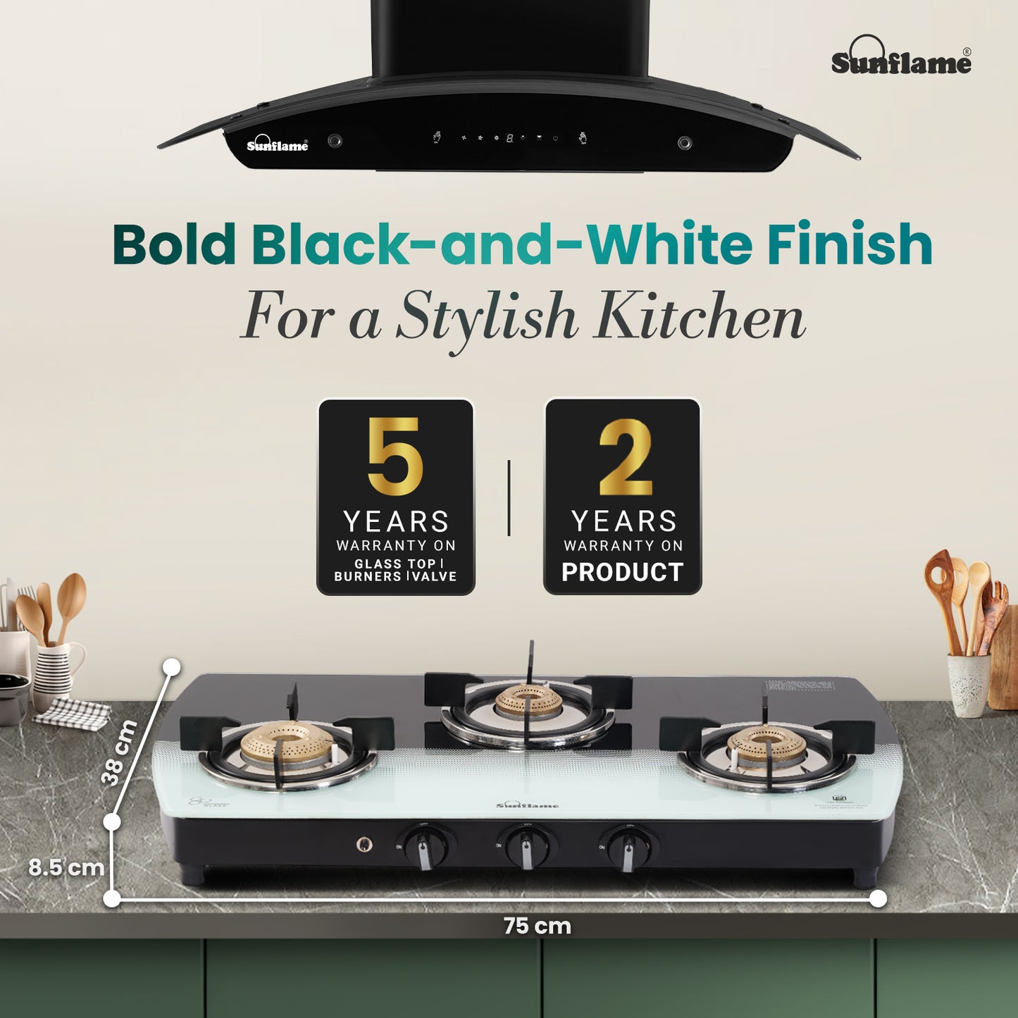 SGM 3 Burner Gas Stove with Auto-Ignition | 1 Jumbo, 1 Medium, 1 Small Brass Burner | Toughened Glass Top
