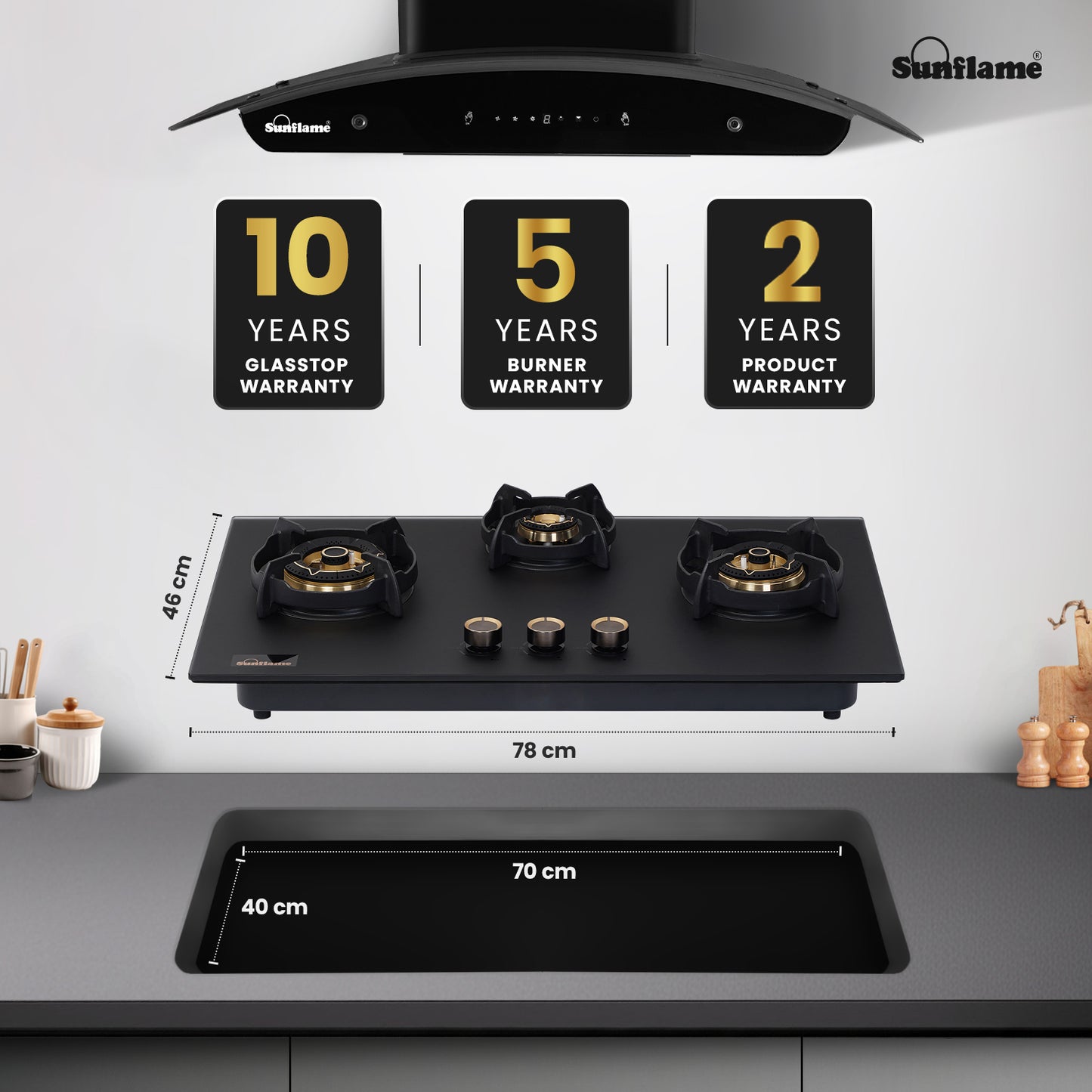 SHA 378 OBR 3 Burner Built-In & Countertop Flexi Hob 78 cm Wide | Flame Failure Device | 10 Year Glasstop Warranty