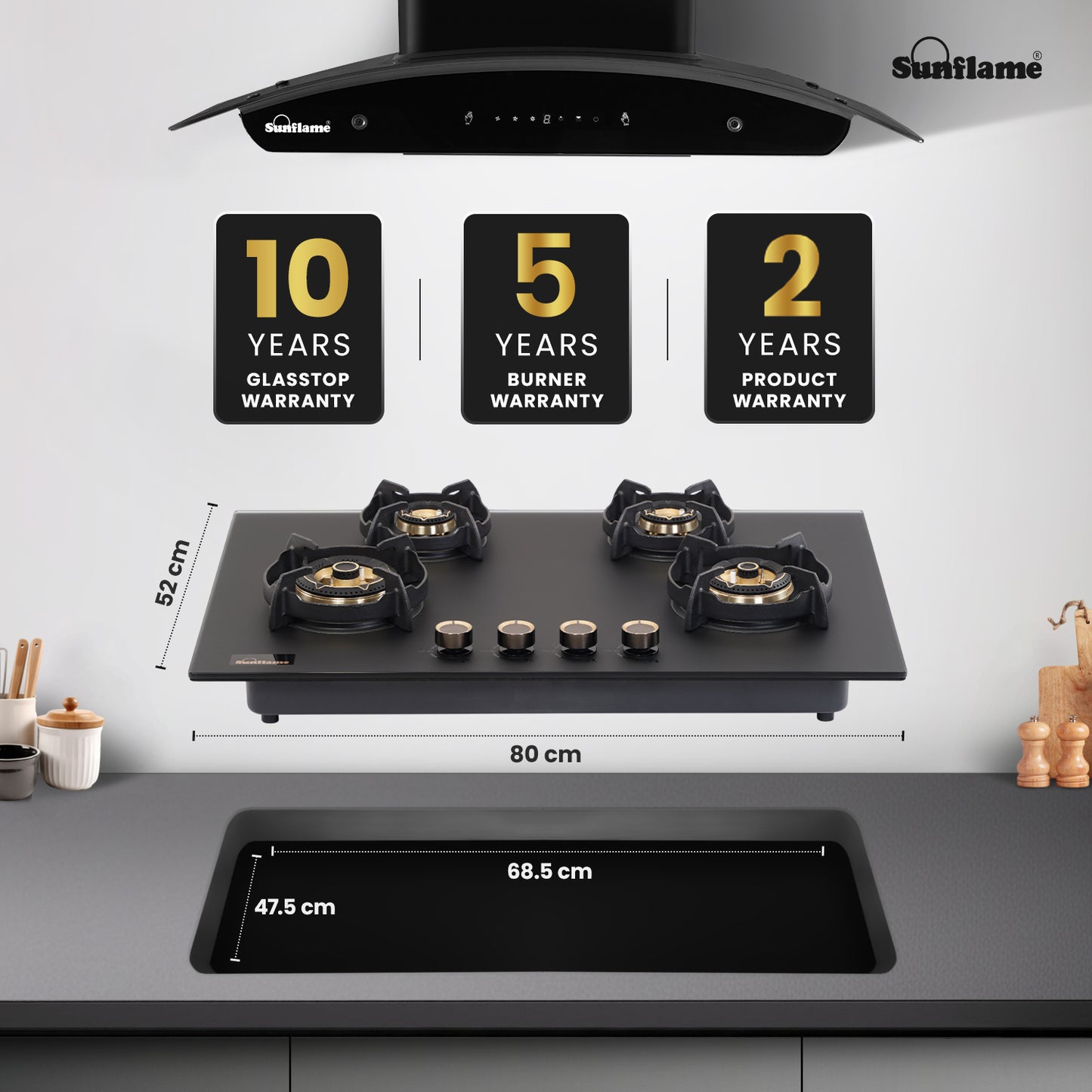 SHA 480 OBR 4 Burner Built-In & Countertop Flexi Hob 80 cm Wide | Flame Failure Device | 10 Year Glasstop Warranty