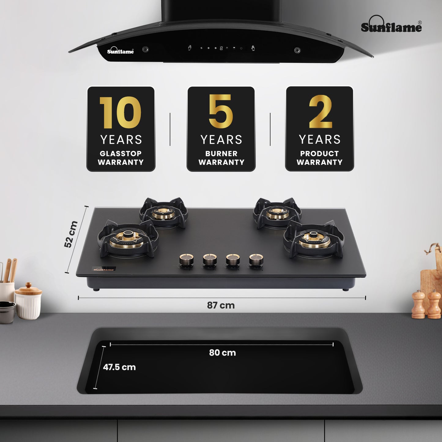SHA 487 OBR 4 Burner Built-In & Countertop Flexi Hob 87 cm Wide | Flame Failure Device | 10 Year Glasstop Warranty