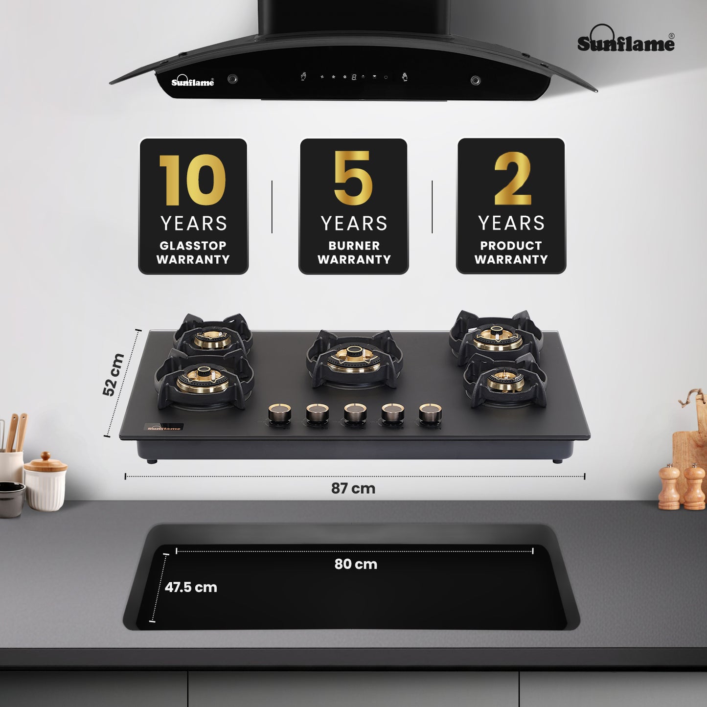 SHA 587 OBR 5 Burner Built-In & Countertop Flexi Hob 87 cm Wide | Flame Failure Device | 10 Year Glasstop Warranty