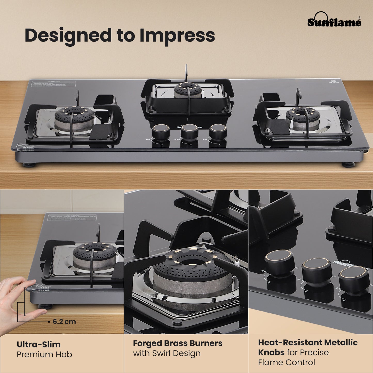Ultra-Slim Black 3 Burner Countertop Hob 80 cm Wide | Italian SABAF Valve