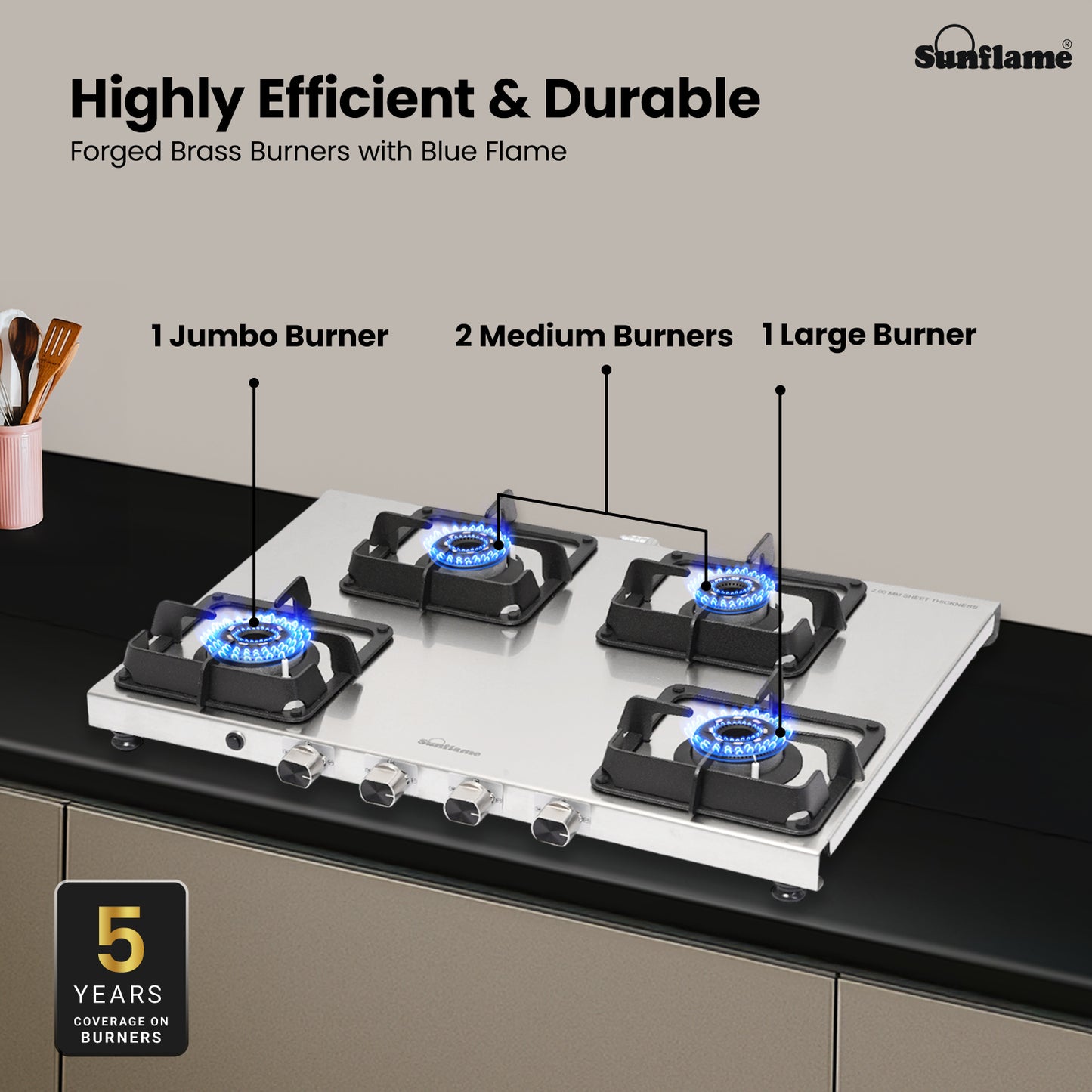 Sunflame 4 Burner Ultra-slim Stainless Steel Gas Stove 72 cm | Forged Brass Burners | 5-Year Warranty on Burners, SS Body & Valve by Sunflame | Auto Ignition | Pan Support with Flame Guard