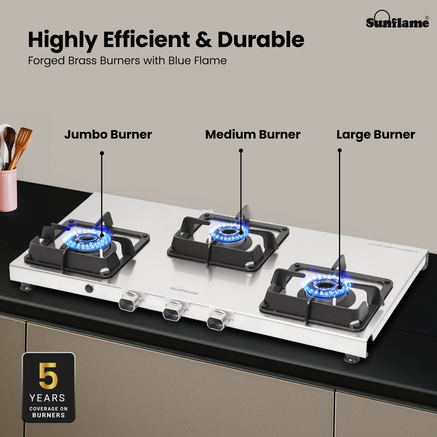Sunflame 3 Burner Ultra-slim Stainless Steel Gas Stove 77 cm | Forged Brass Burners | 5-Year Warranty on Burners, SS Body & Valve by Sunflame | Auto Ignition | Pan Support with Flame Guard