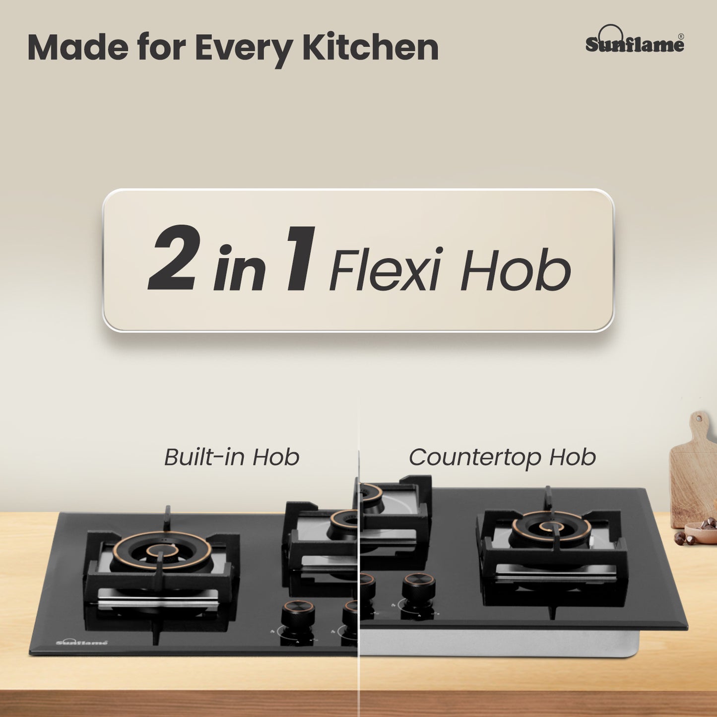 3 Burner Built-In & Countertop Flexi Hob 78 cm Wide | Bevelled Edges