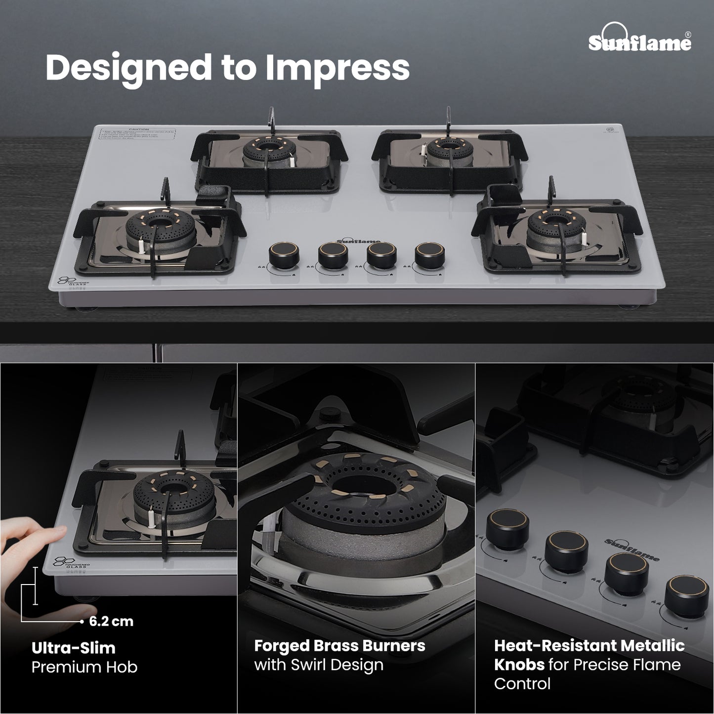 Ultra-Slim Grey 4 Burner Countertop Hob 80 cm Wide | Italian SABAF Valve