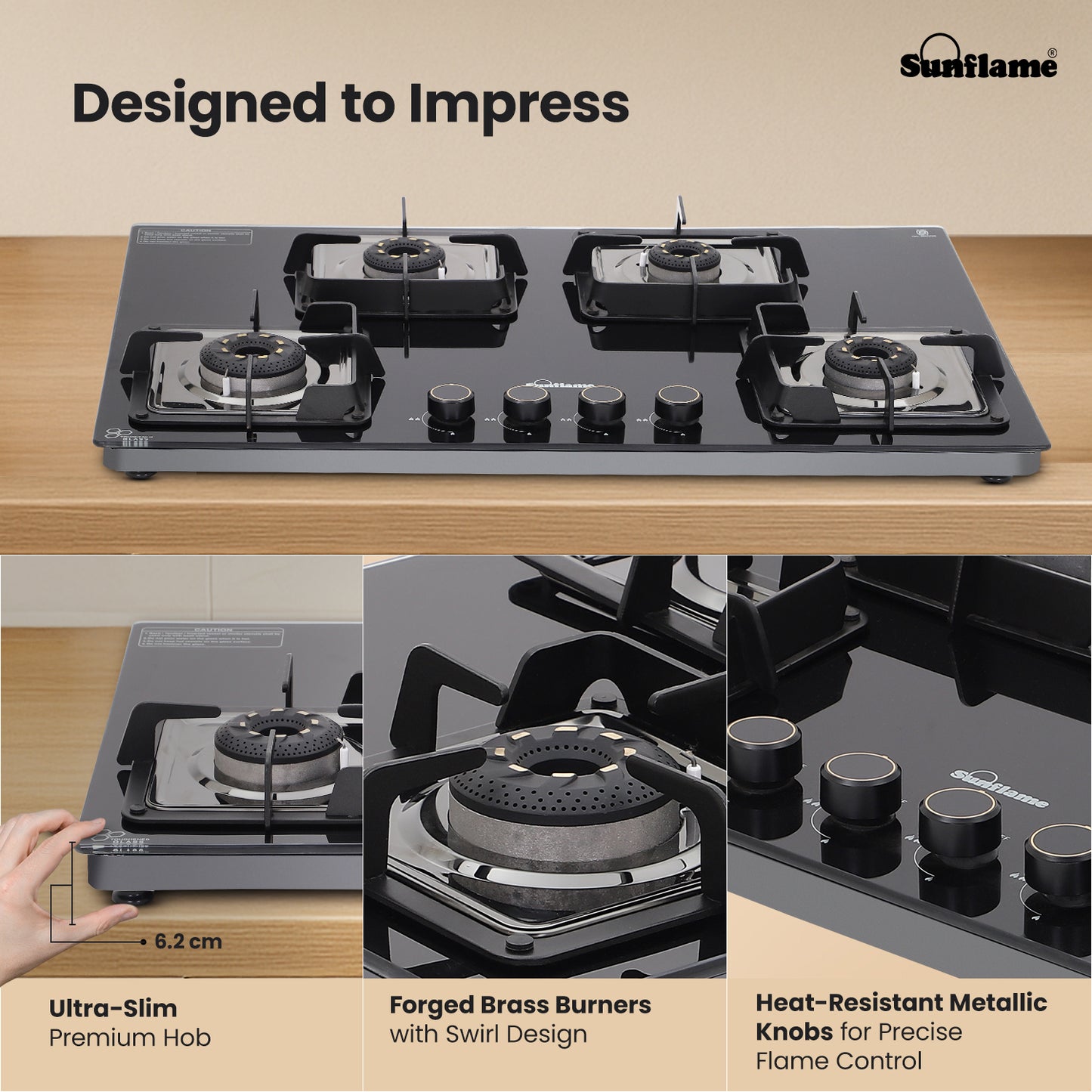 Ultra-Slim Black 4 Burner Countertop Hob 80 cm Wide | Italian SABAF Valve