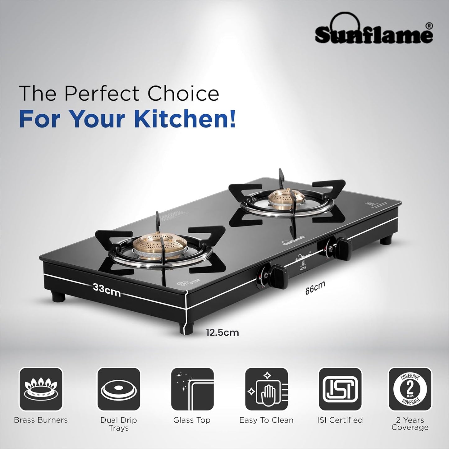 Crystal Nova 2 Burner Gas Stove | 1 Medium and 1 Small Brass Burners |Toughened Glass Top | Black
