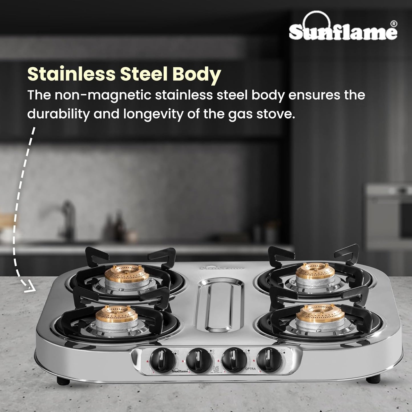 Optra 4 Burner Gas Stove | 2 Medium and 2 Small Brass Burners | Stainless Steel