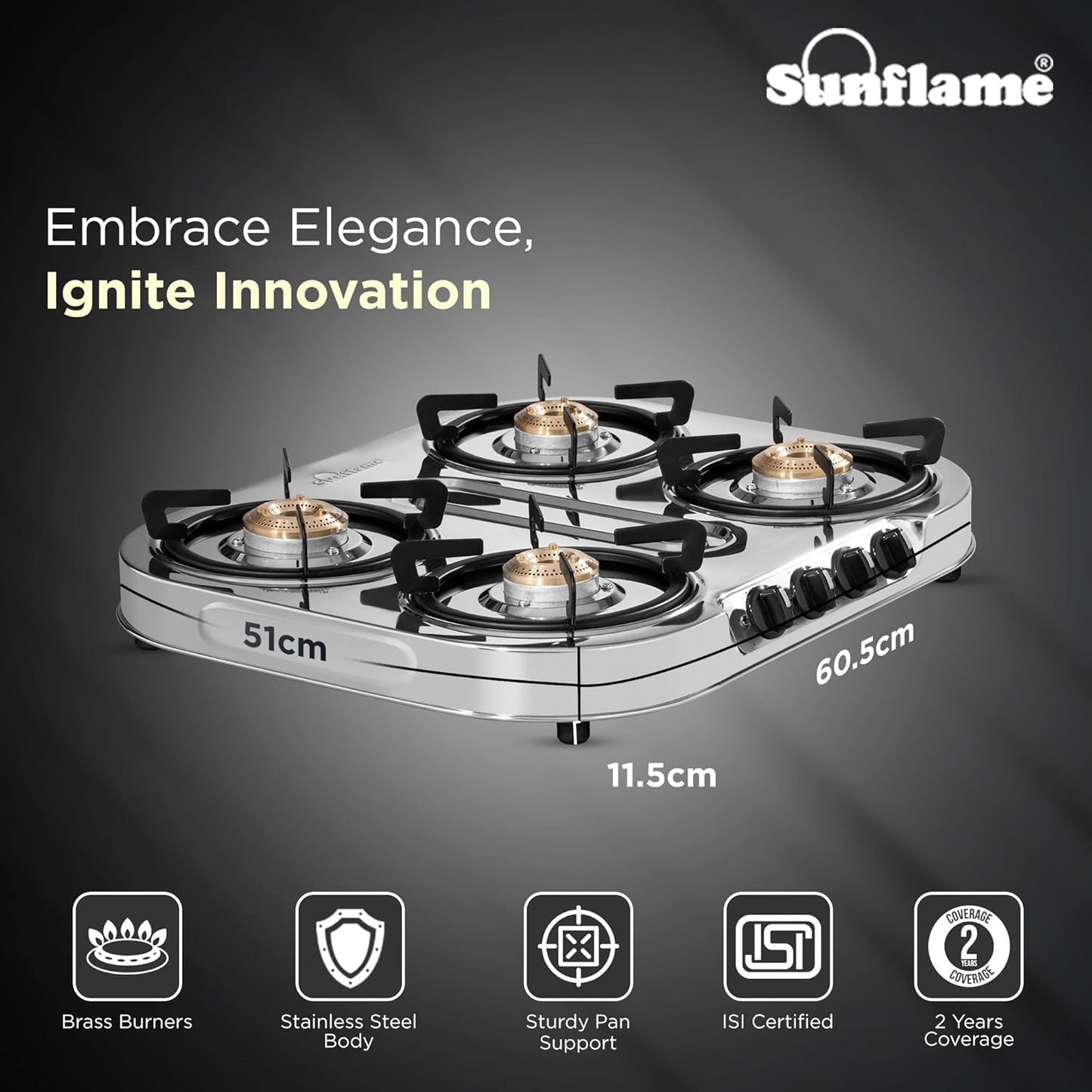 Optra 4 Burner Gas Stove | 2 Medium and 2 Small Brass Burners | Stainless Steel