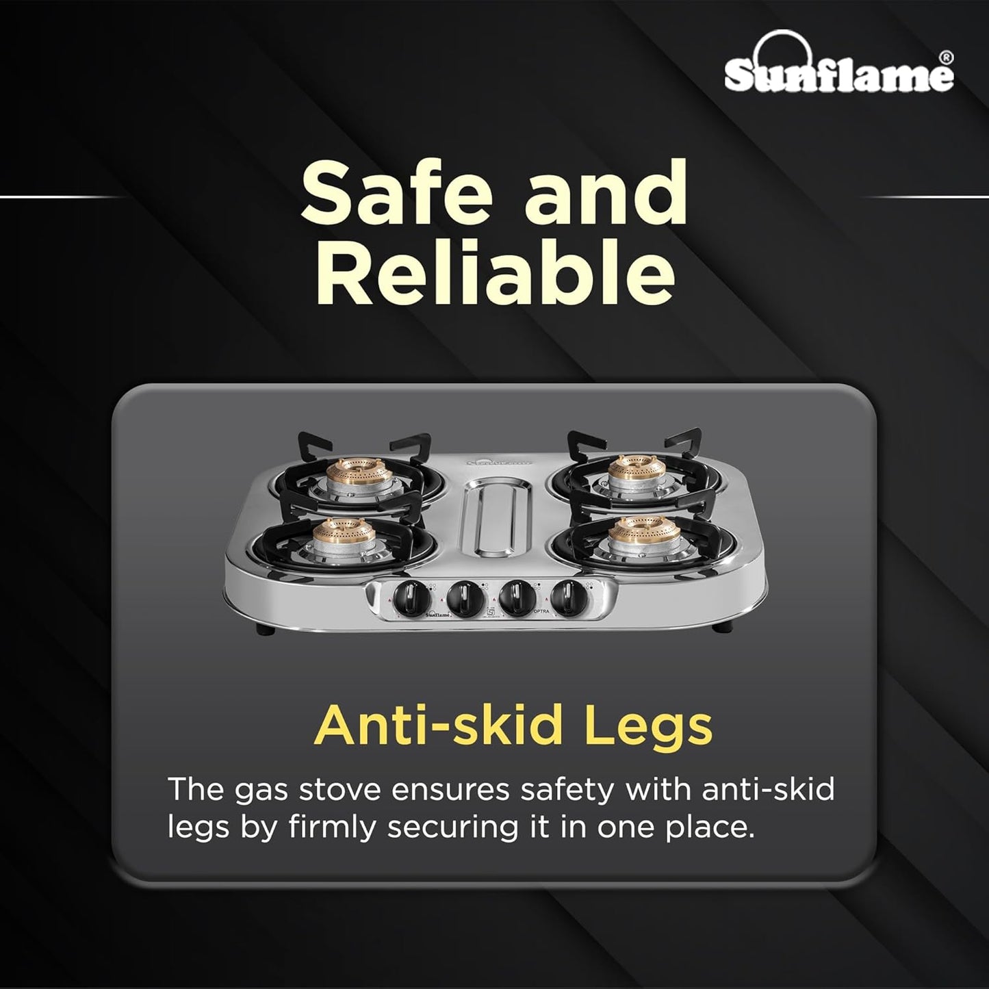 Optra 4 Burner Gas Stove | 2 Medium and 2 Small Brass Burners | Stainless Steel