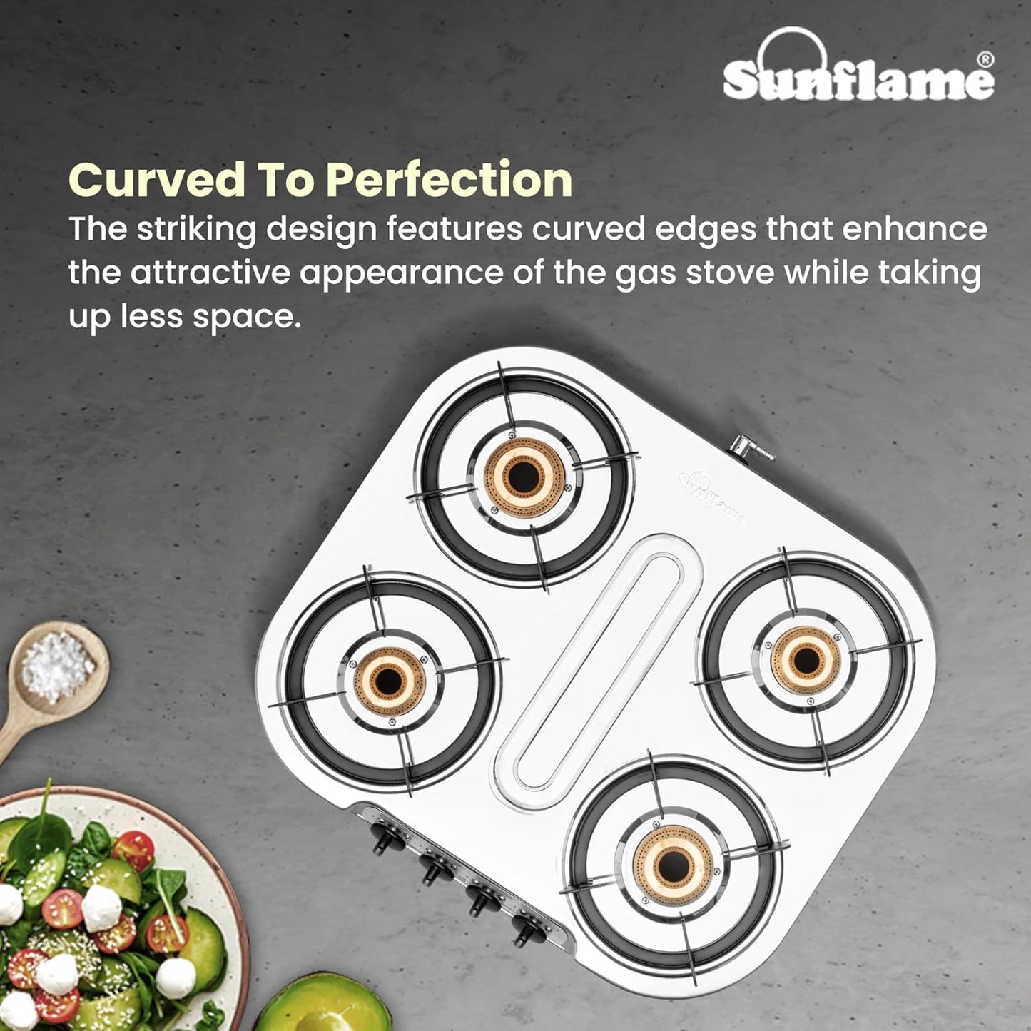 Optra 4 Burner Gas Stove | 2 Medium and 2 Small Brass Burners | Stainless Steel
