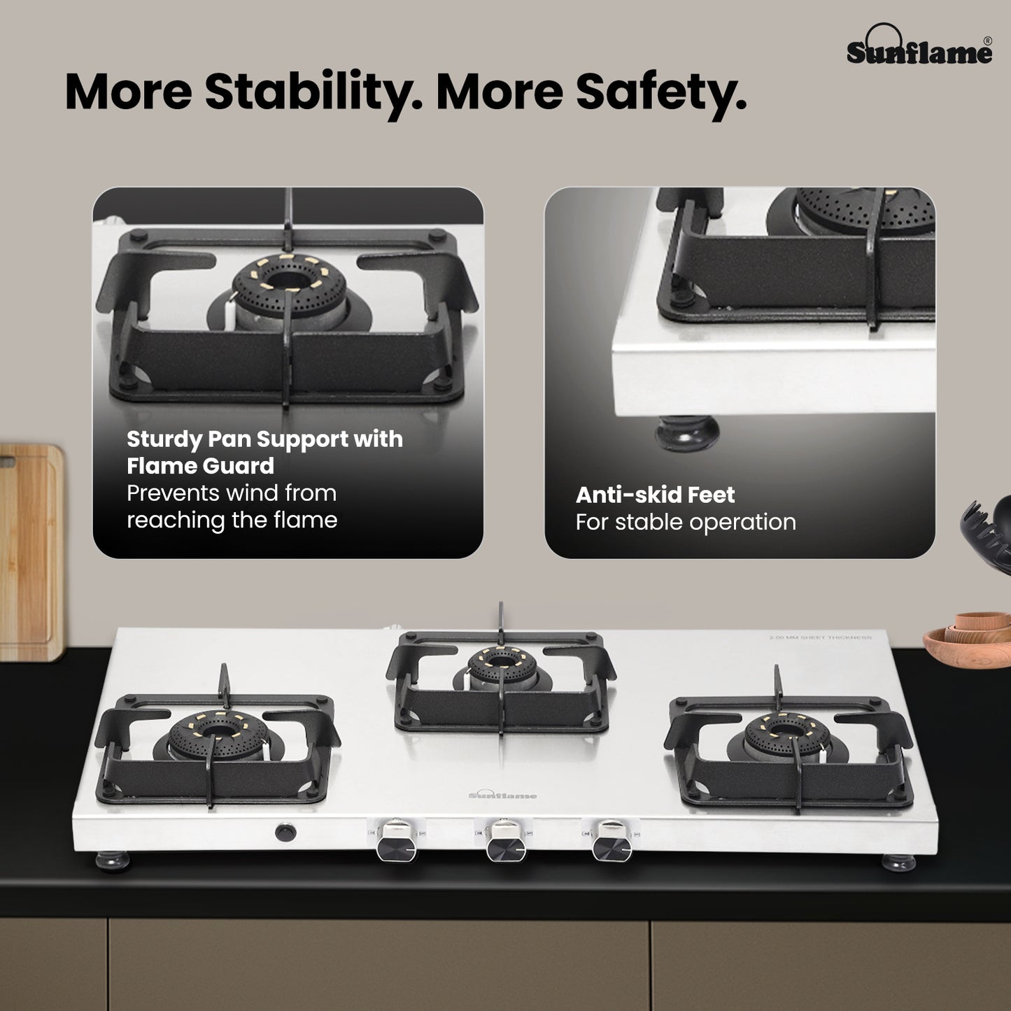Sunflame 3 Burner Ultra-slim Stainless Steel Gas Stove 77 cm | Forged Brass Burners | 5-Year Warranty on Burners, SS Body & Valve by Sunflame | Auto Ignition | Pan Support with Flame Guard