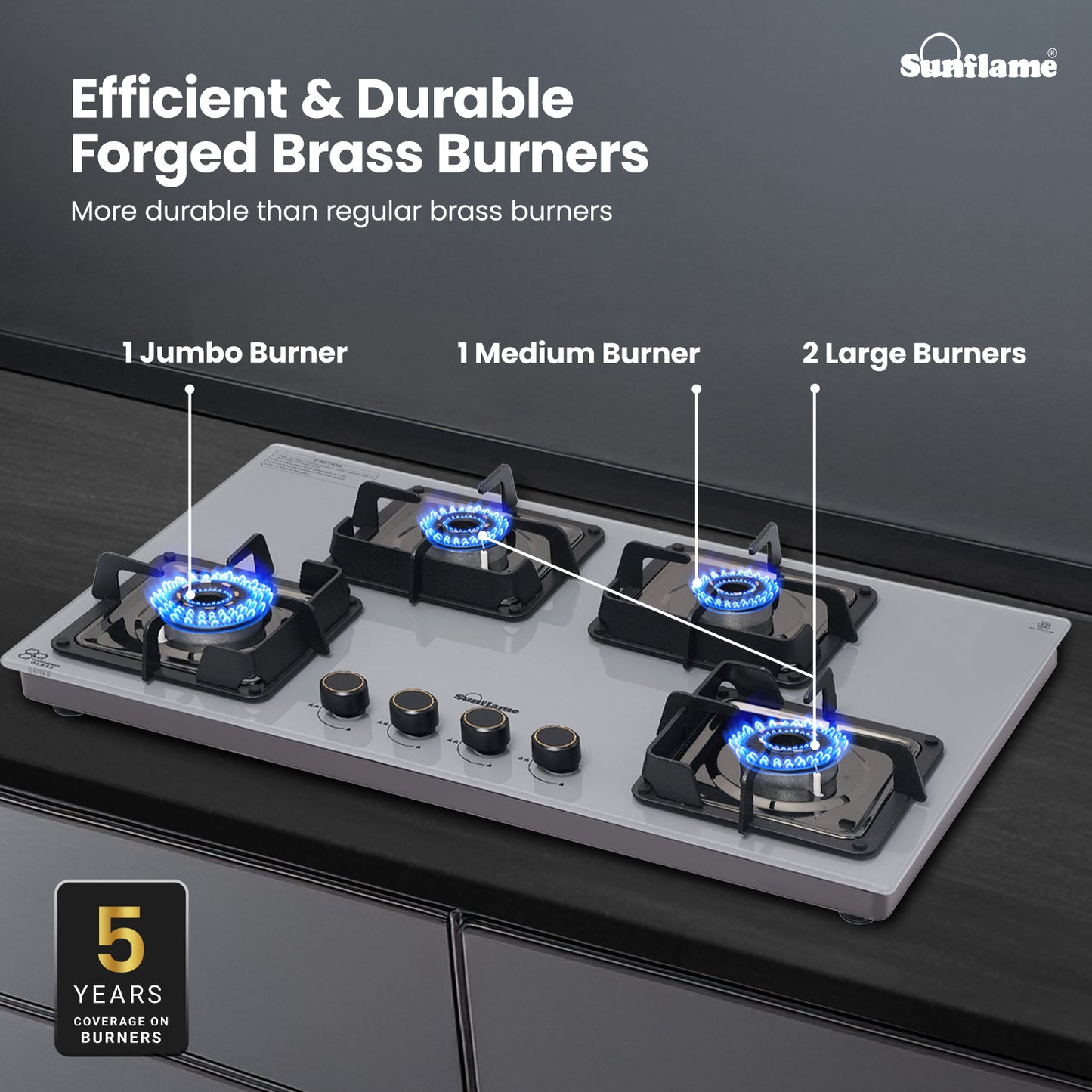 Ultra-Slim Grey 4 Burner Countertop Hob 80 cm Wide | Italian SABAF Valve