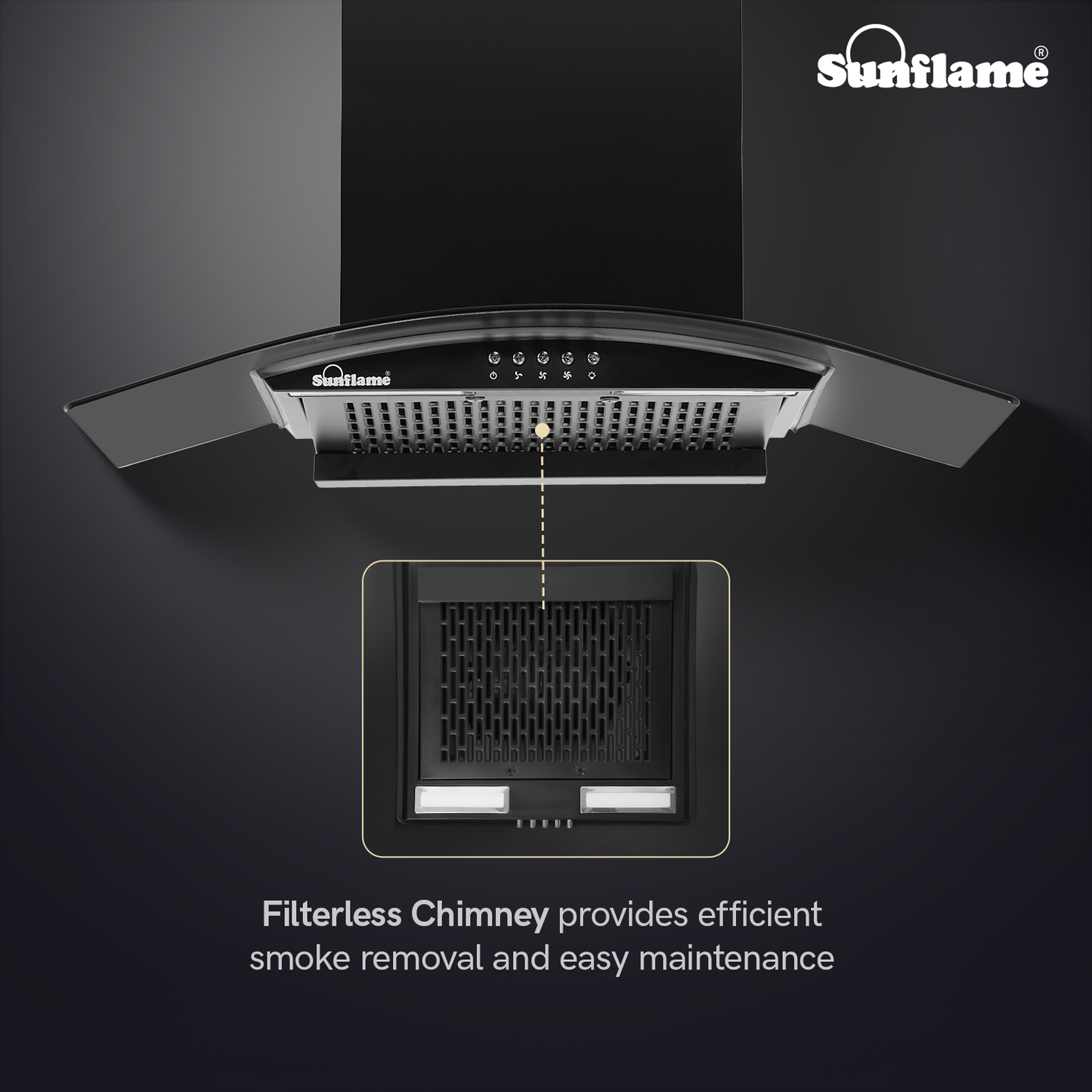Sunflame Naples 60 cm Filterless Chimney | 1100 m³/h High Suction Capacity | 2-Year Product and 8-Year Motor Coverage by Sunflame | Push Button Control | 3-Speed Exhaust Fan | Dual LED Lights