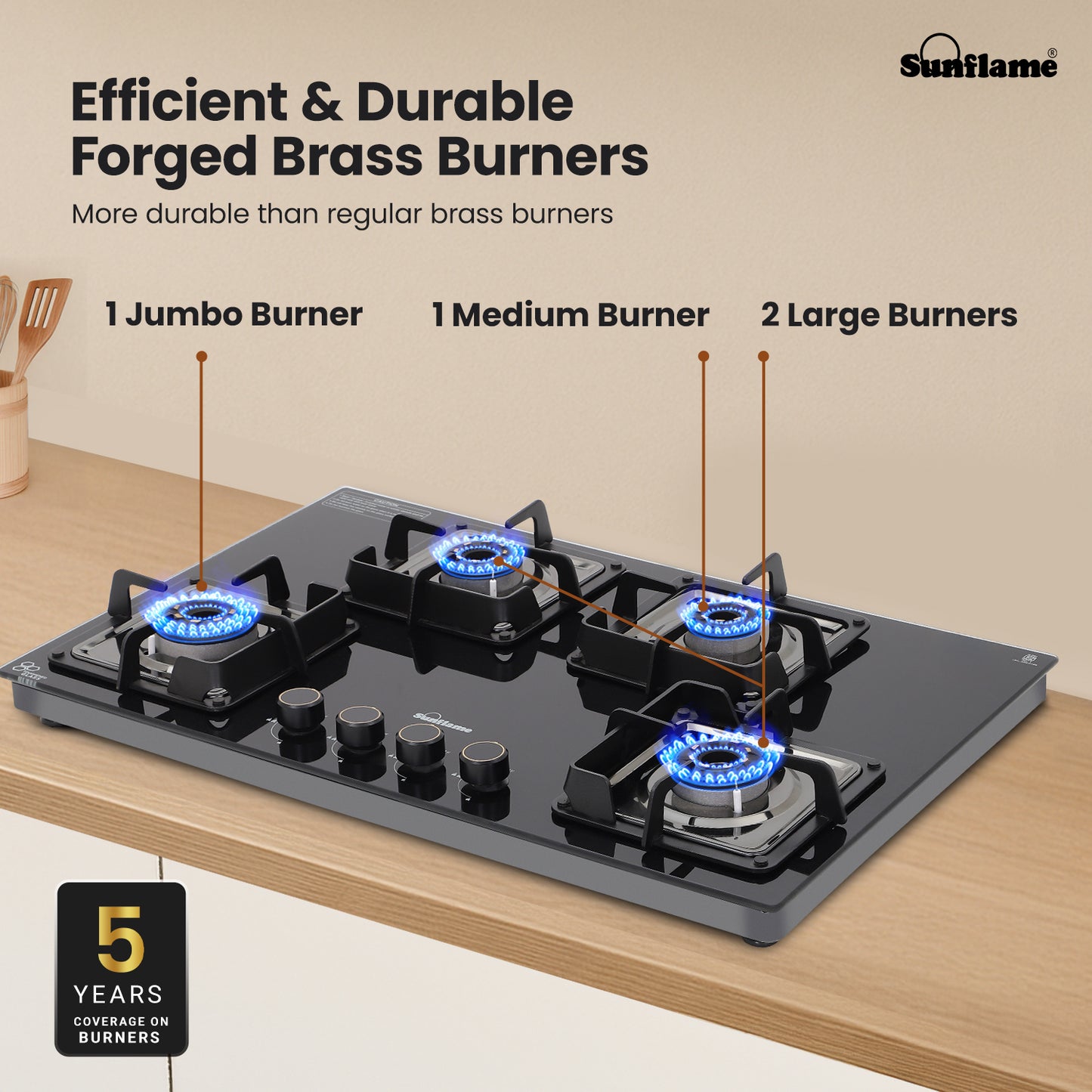 Ultra-Slim Black 4 Burner Countertop Hob 80 cm Wide | Italian SABAF Valve