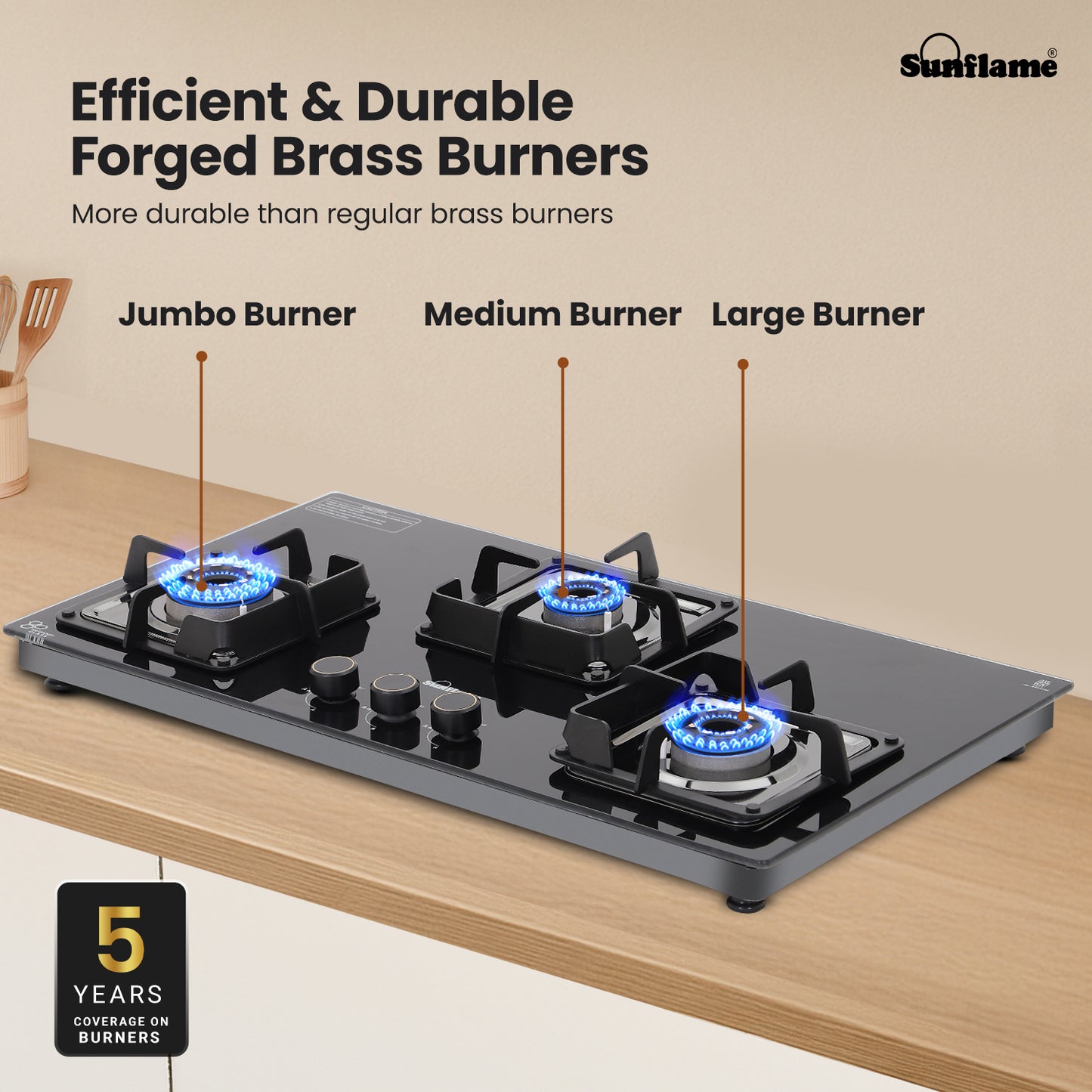 Ultra-Slim Black 3 Burner Countertop Hob 80 cm Wide | Italian SABAF Valve