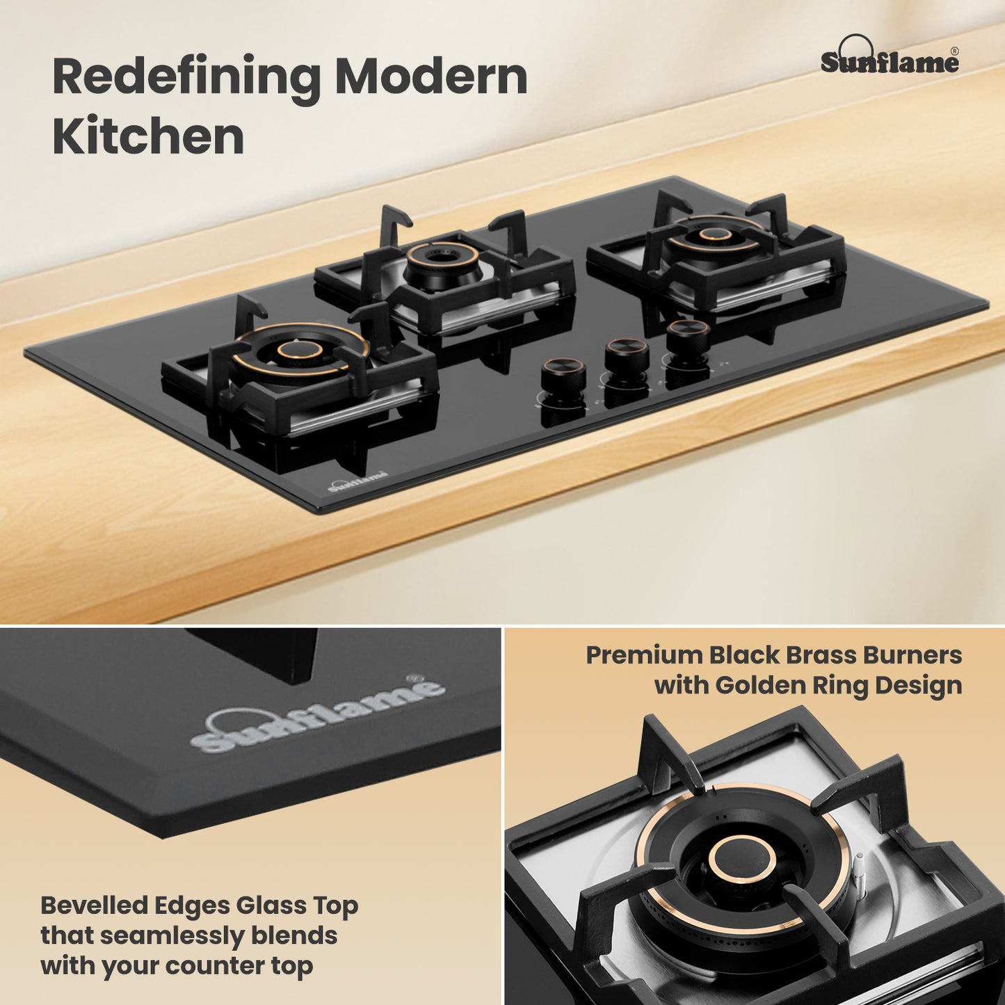 3 Burner Built-In & Countertop Flexi Hob 78 cm Wide | Bevelled Edges