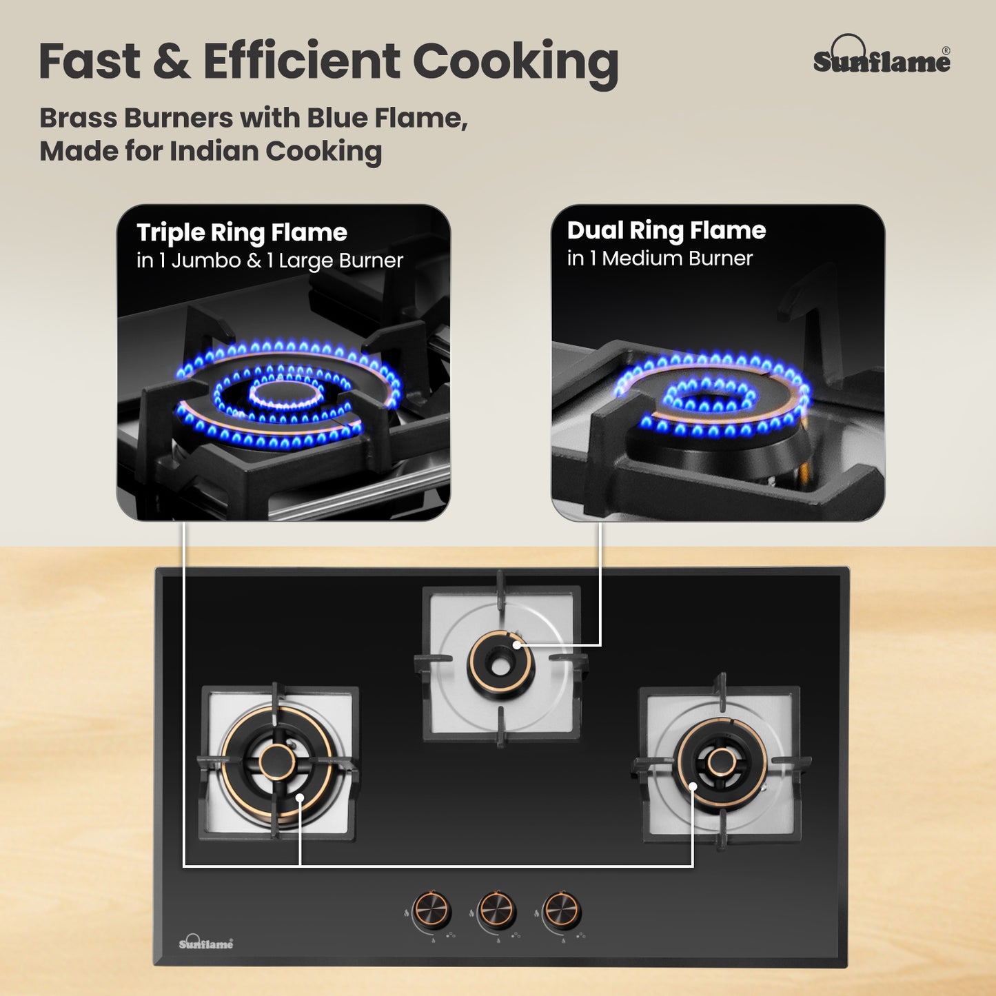 3 Burner Built-In & Countertop Flexi Hob 78 cm Wide | Bevelled Edges