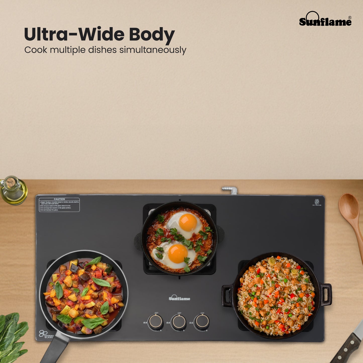 Ultra-Slim Black 3 Burner Countertop Hob 80 cm Wide | Italian SABAF Valve