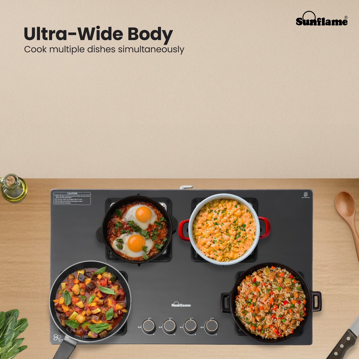 Ultra-Slim Black 4 Burner Countertop Hob 80 cm Wide | Italian SABAF Valve