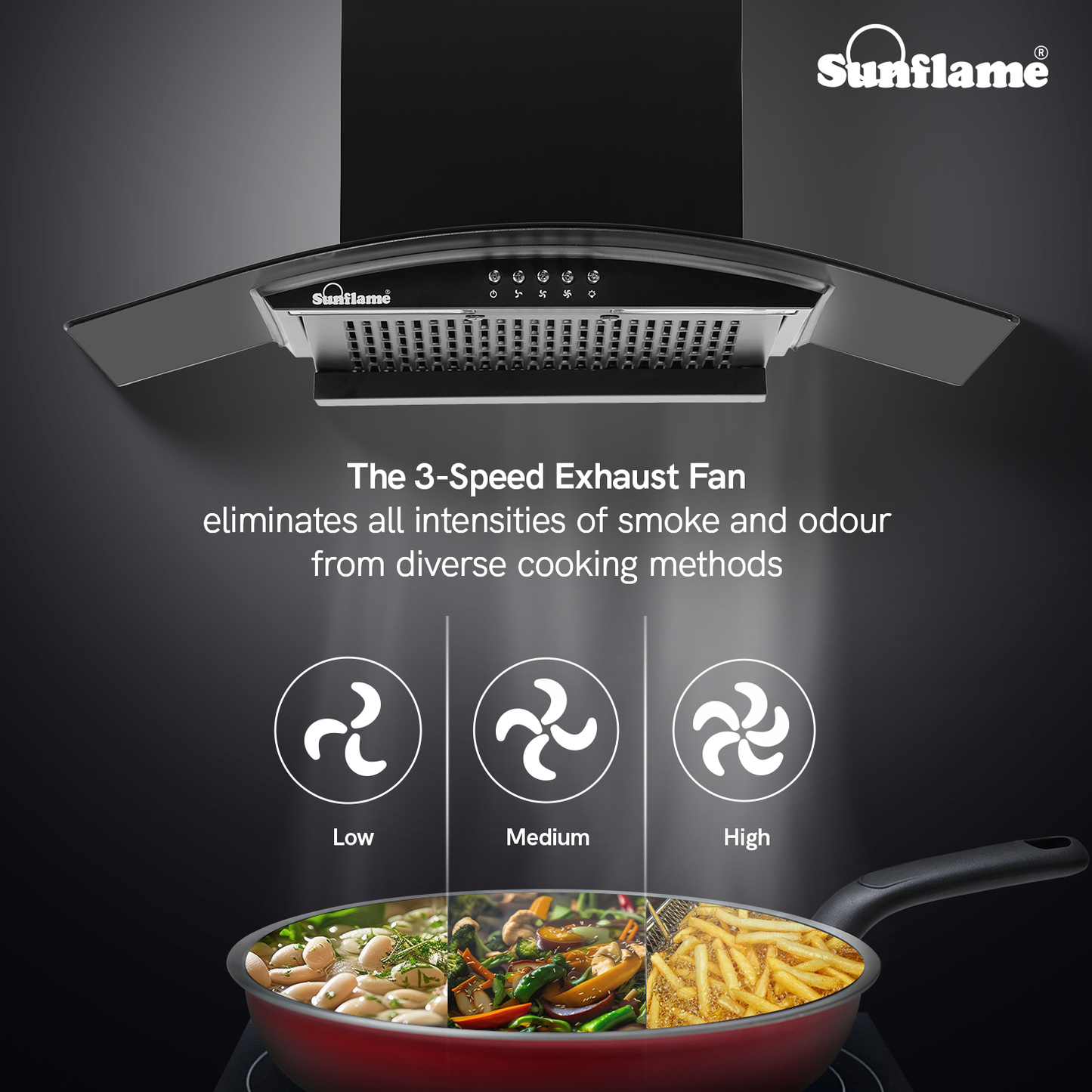 Sunflame Naples 60 cm Filterless Chimney | 1100 m³/h High Suction Capacity | 2-Year Product and 8-Year Motor Coverage by Sunflame | Push Button Control | 3-Speed Exhaust Fan | Dual LED Lights