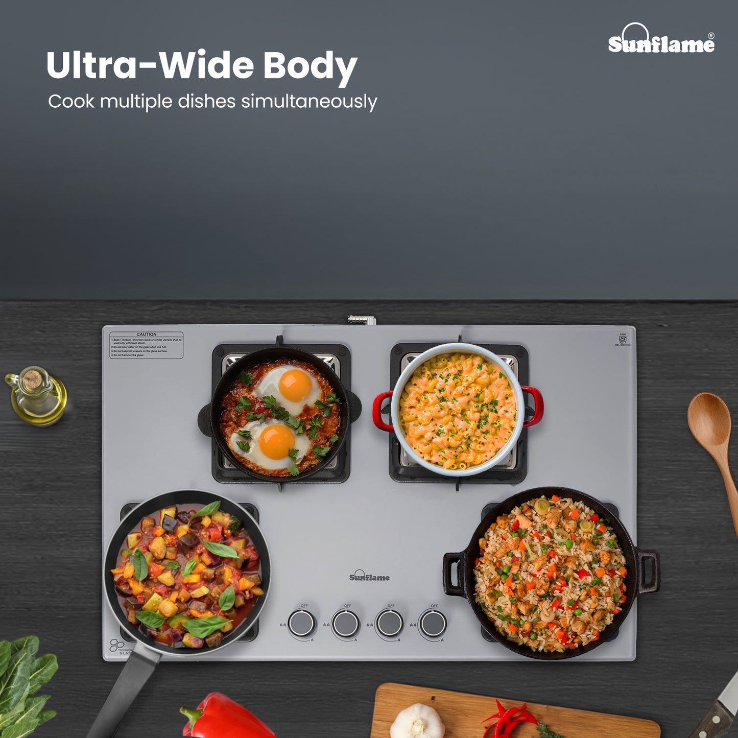 Ultra-Slim Grey 4 Burner Countertop Hob 80 cm Wide | Italian SABAF Valve