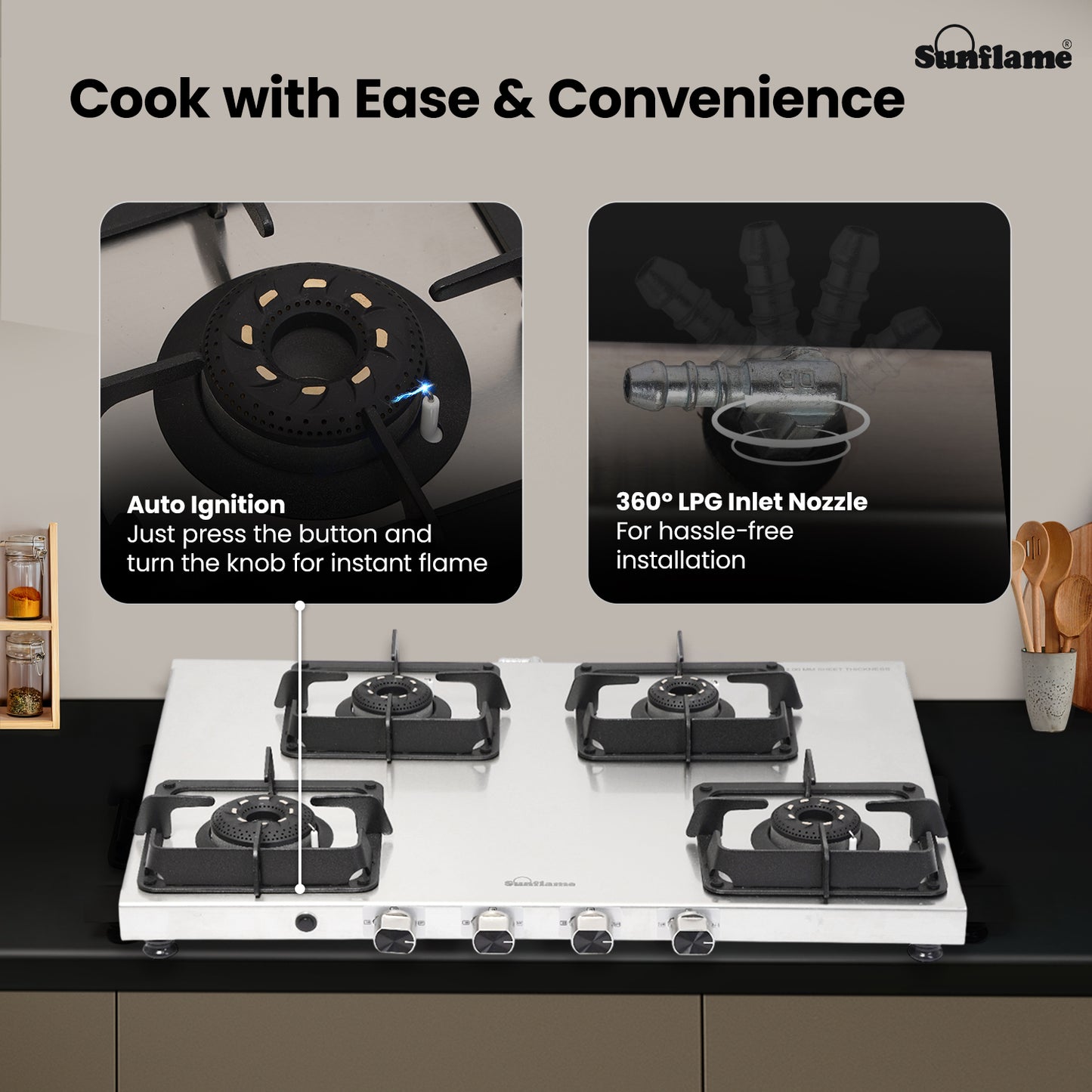 Sunflame 4 Burner Ultra-slim Stainless Steel Gas Stove 72 cm | Forged Brass Burners | 5-Year Warranty on Burners, SS Body & Valve by Sunflame | Auto Ignition | Pan Support with Flame Guard