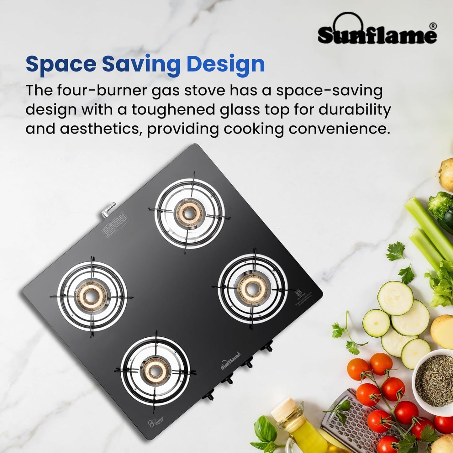 Sunflame Maleo 4 Burner Gas Stove | 2 Medium & 2 Small Brass Burners | 2 Year Product Coverage