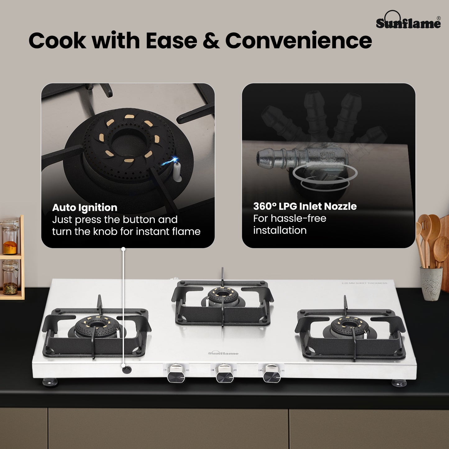 Sunflame 3 Burner Ultra-slim Stainless Steel Gas Stove 77 cm | Forged Brass Burners | 5-Year Warranty on Burners, SS Body & Valve by Sunflame | Auto Ignition | Pan Support with Flame Guard