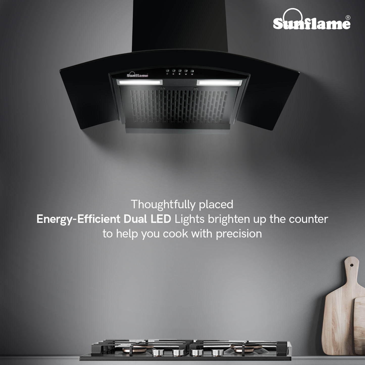 Sunflame Naples 60 cm Filterless Chimney | 1100 m³/h High Suction Capacity | 2-Year Product and 8-Year Motor Coverage by Sunflame | Push Button Control | 3-Speed Exhaust Fan | Dual LED Lights