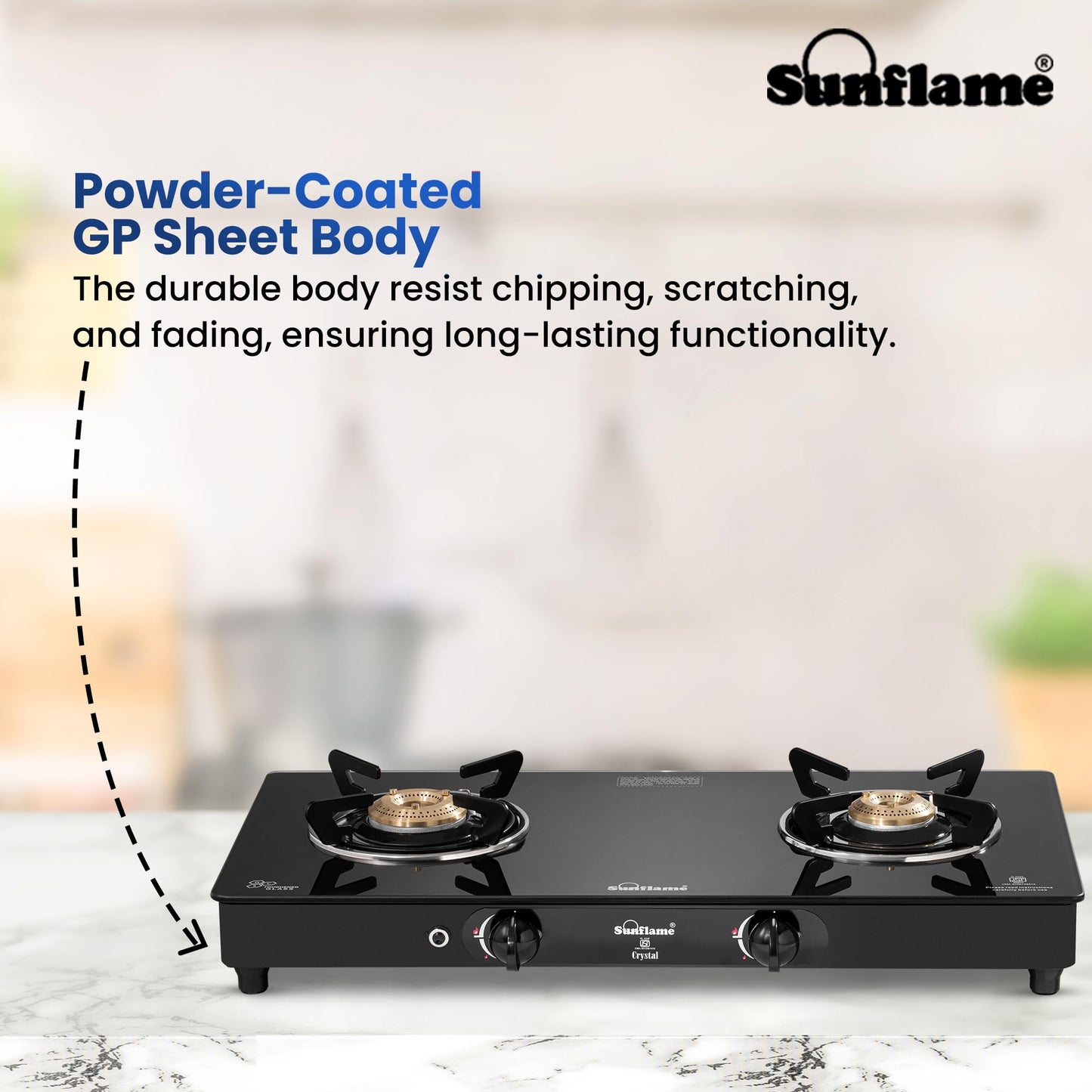 Crystal 2 Burner Gas Stove | Auto Ignition| 1 Medium and 1 Small Brass Burners |Toughened Glass Top | Blac