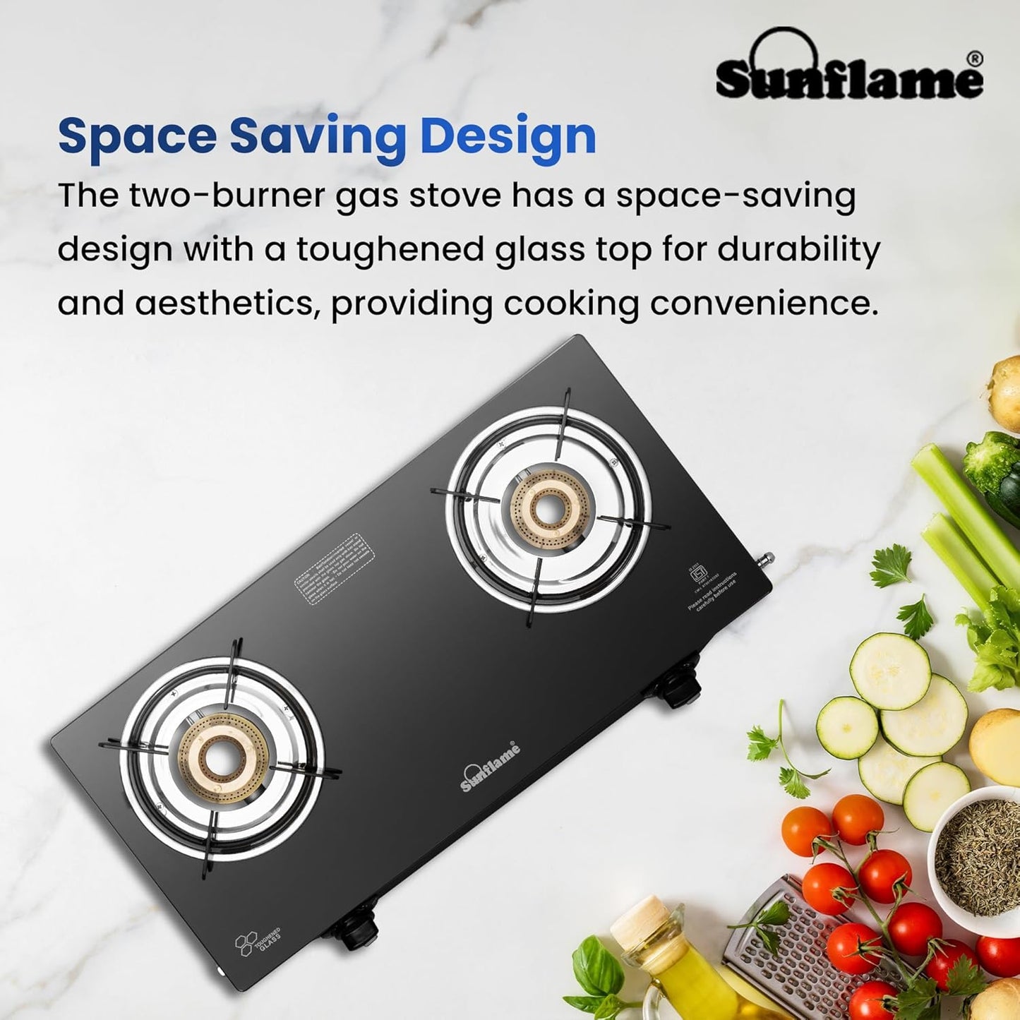Sunflame Maleo 2 Burner Gas Stove | 1 Medium & 1 Small Brass Burners | 2 Year Product Coverage